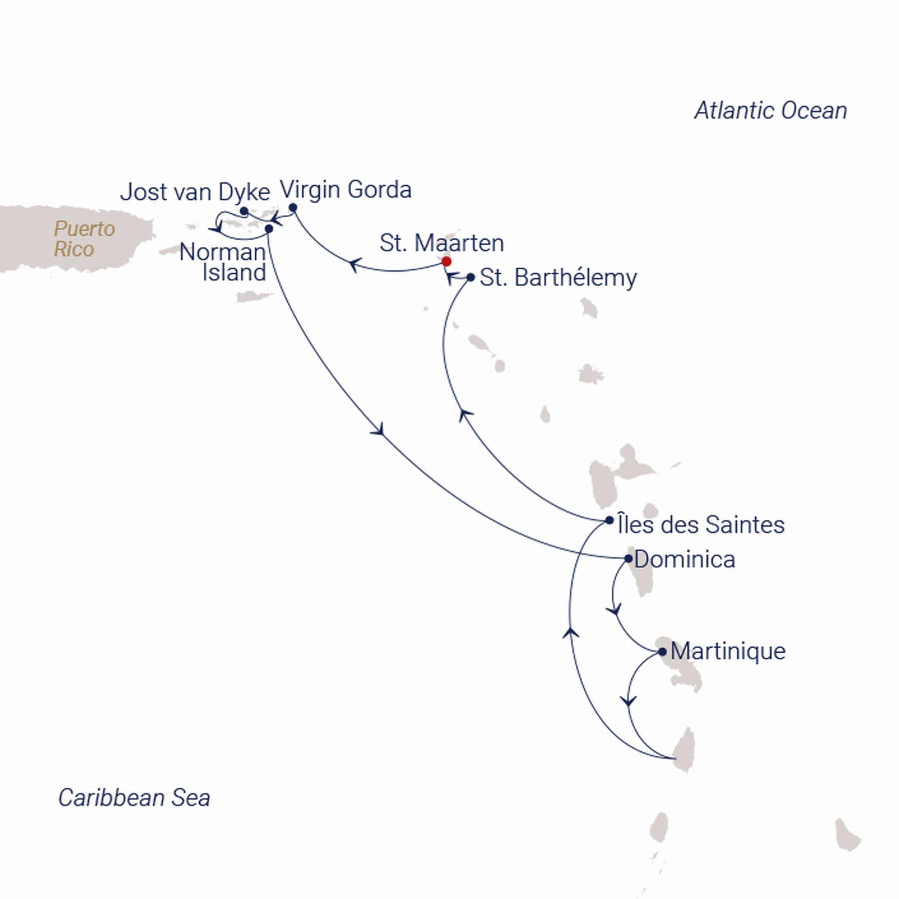 Official SEA CLOUD route map for Sea Cloud Spirit voyage SCS-2643 from Philipsburg, St. Maarten to Philipsburg, St. Maarten