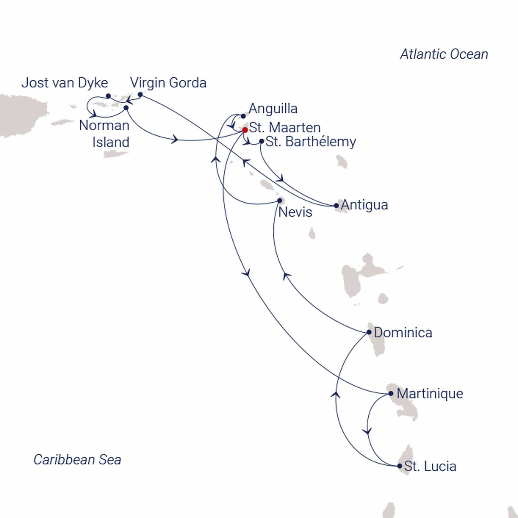 Official SEA CLOUD route map for Sea Cloud Spirit voyage SCS-270102 from Philipsburg, St. Maarten to Philipsburg, St. Maarten