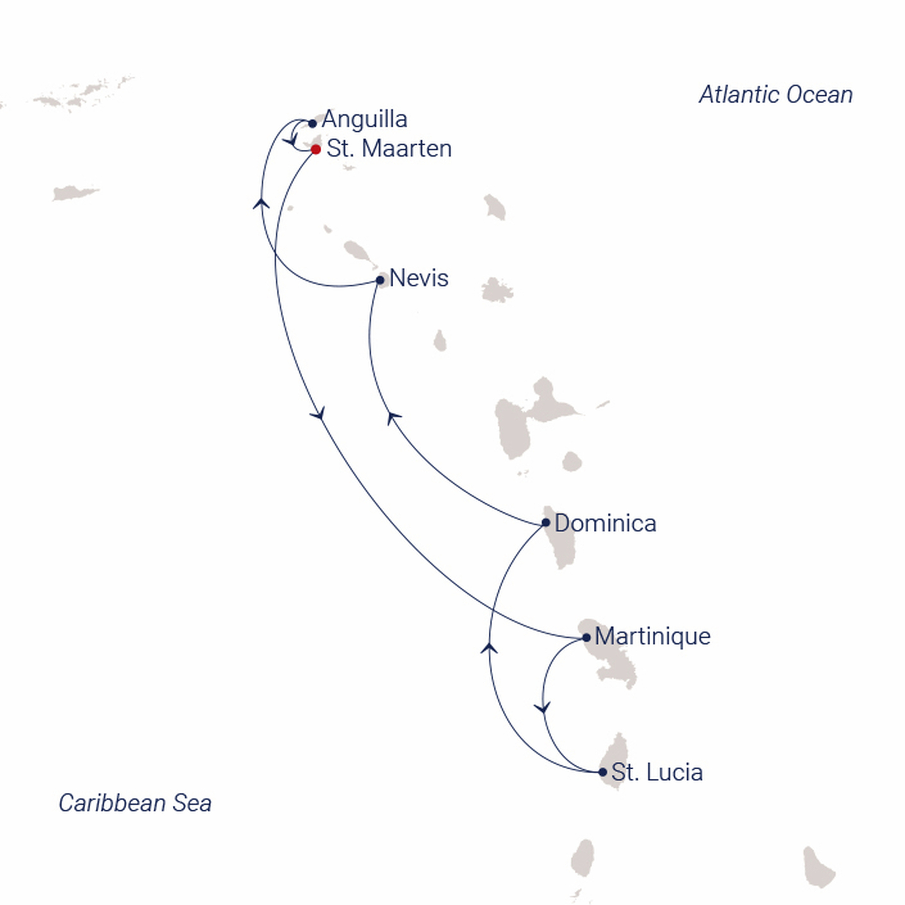 Official SEA CLOUD route map for Sea Cloud Spirit voyage SCS-2702 from Philipsburg, St. Maarten to Philipsburg, St. Maarten