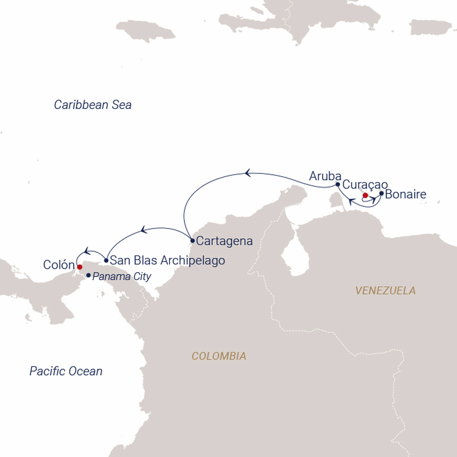 Official SEA CLOUD route map for Sea Cloud Spirit voyage SCS-2706 from Willemstad, Curaçao to Panama City (Colón), Panama