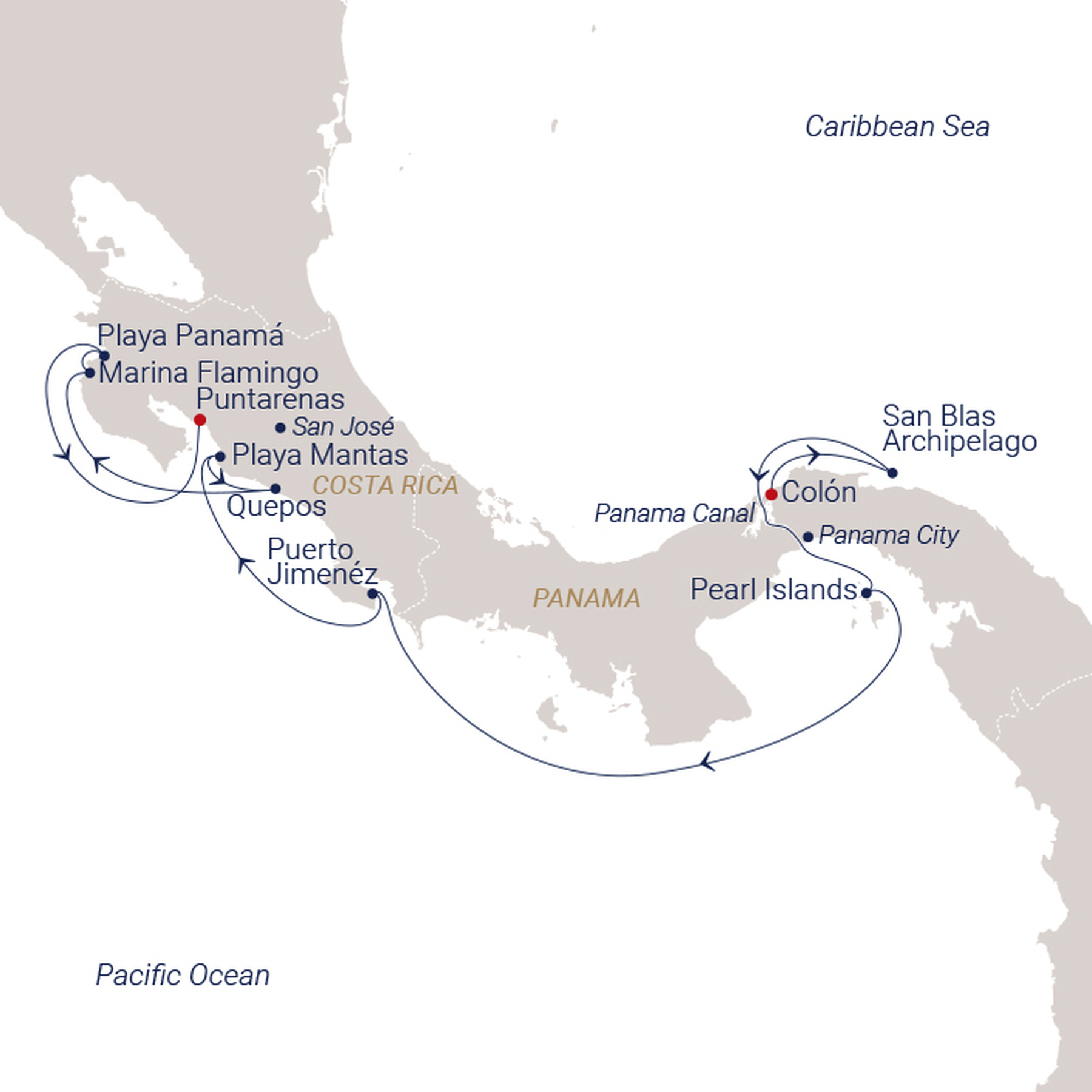 Official SEA CLOUD route map for Sea Cloud Spirit voyage SCS-2707 from Panama City (Colón), Panama to San José (Puntarenas), Costa Rica