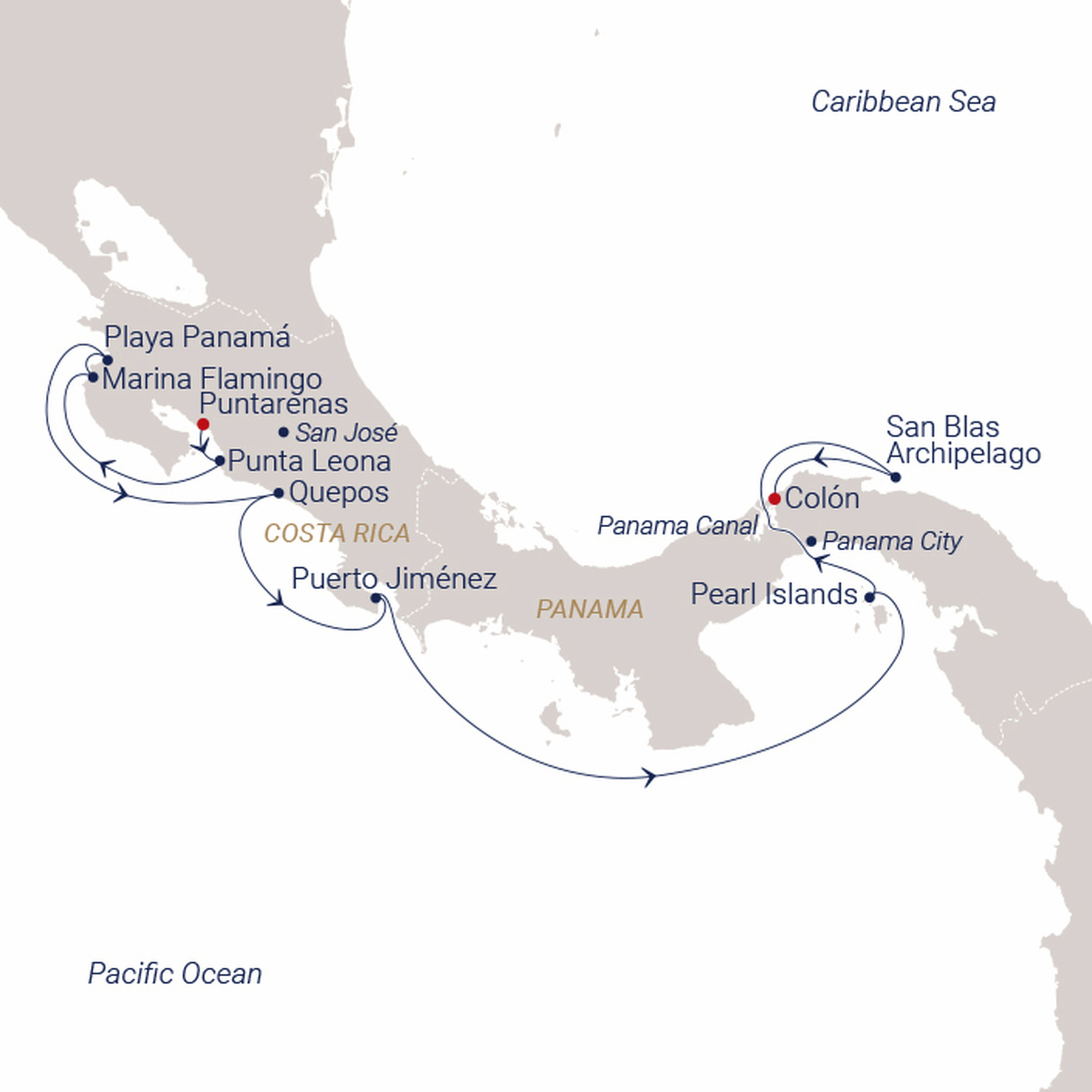 Official SEA CLOUD route map for Sea Cloud Spirit voyage SCS-2708 from San José (Puntarenas), Costa Rica to Panama City (Colón), Panama