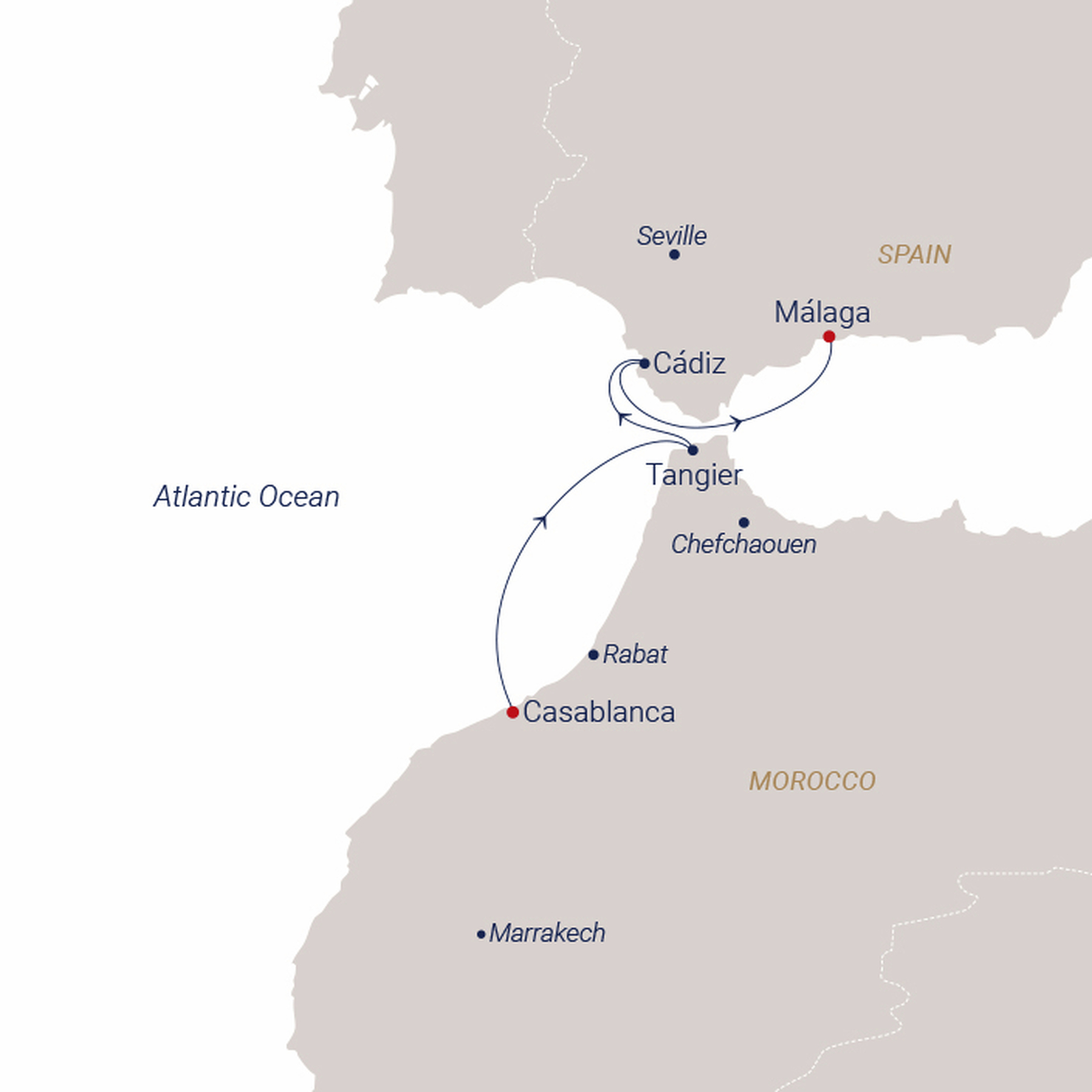 Official SEA CLOUD route map for Sea Cloud Spirit voyage SCS-2711 from Casablanca, Morocco to Málaga, Spain