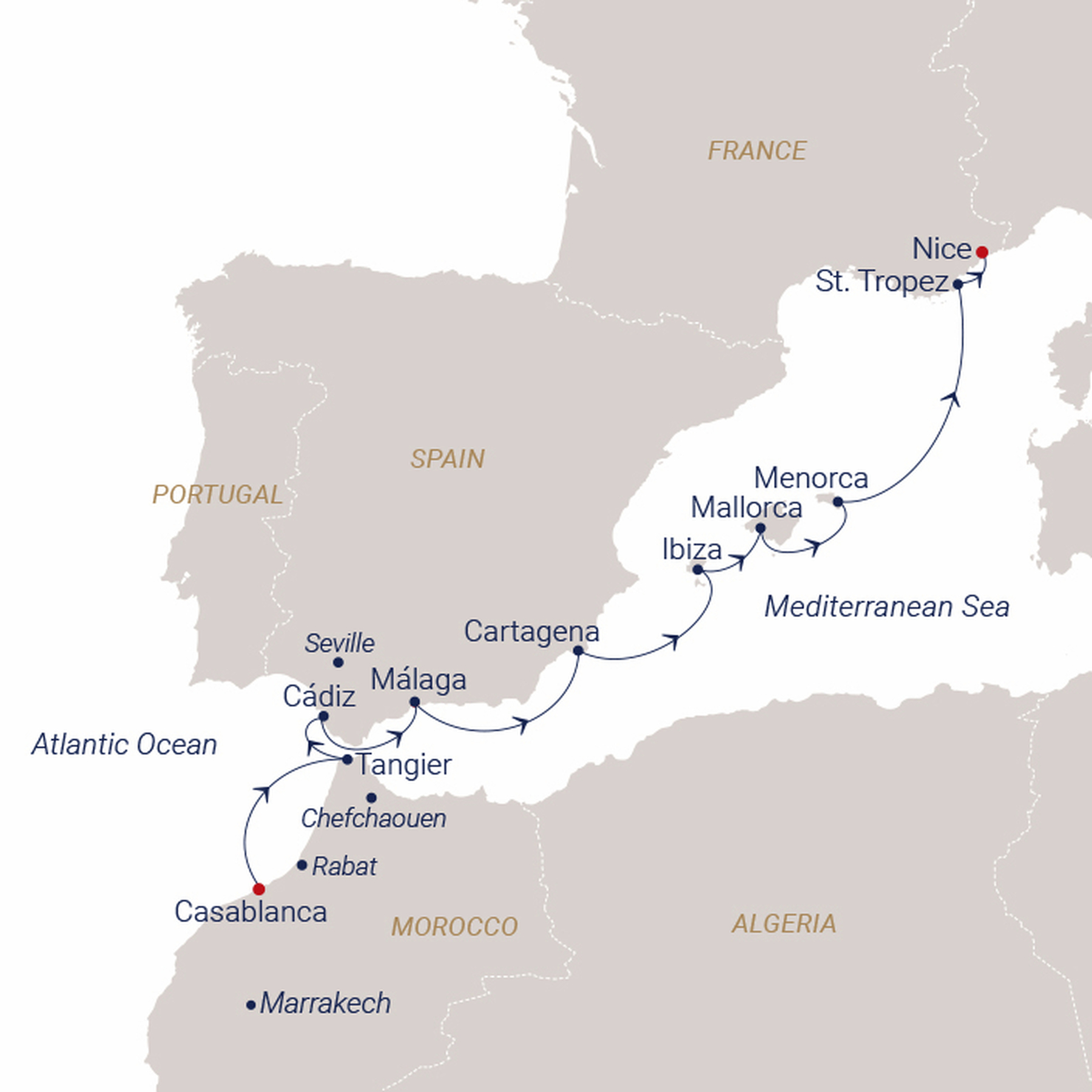 Official SEA CLOUD route map for Sea Cloud Spirit voyage SCS-271112 from Casablanca, Morocco to Nice, France