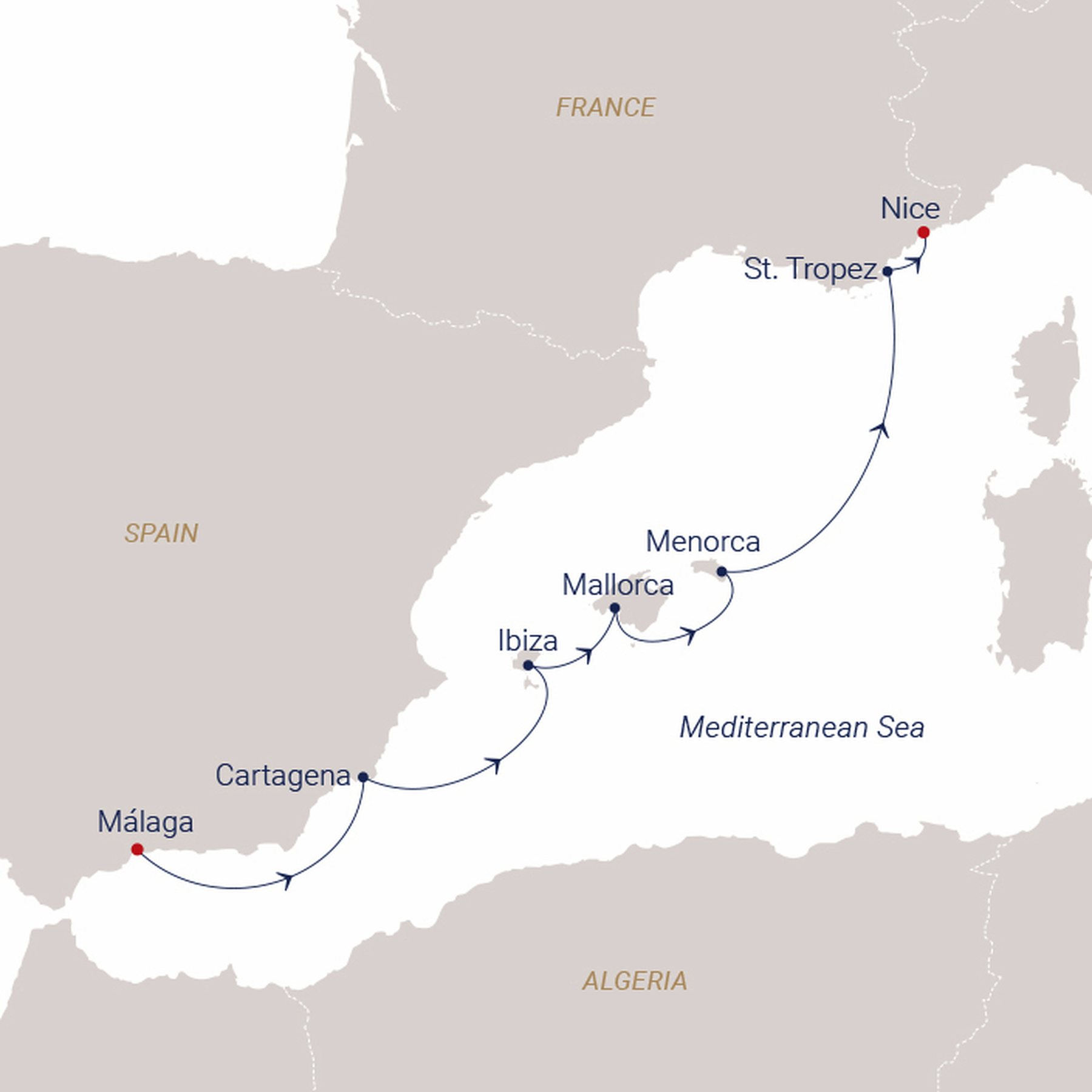 Official SEA CLOUD route map for Sea Cloud Spirit voyage SCS-2712 from Málaga, Spain to Nice, France