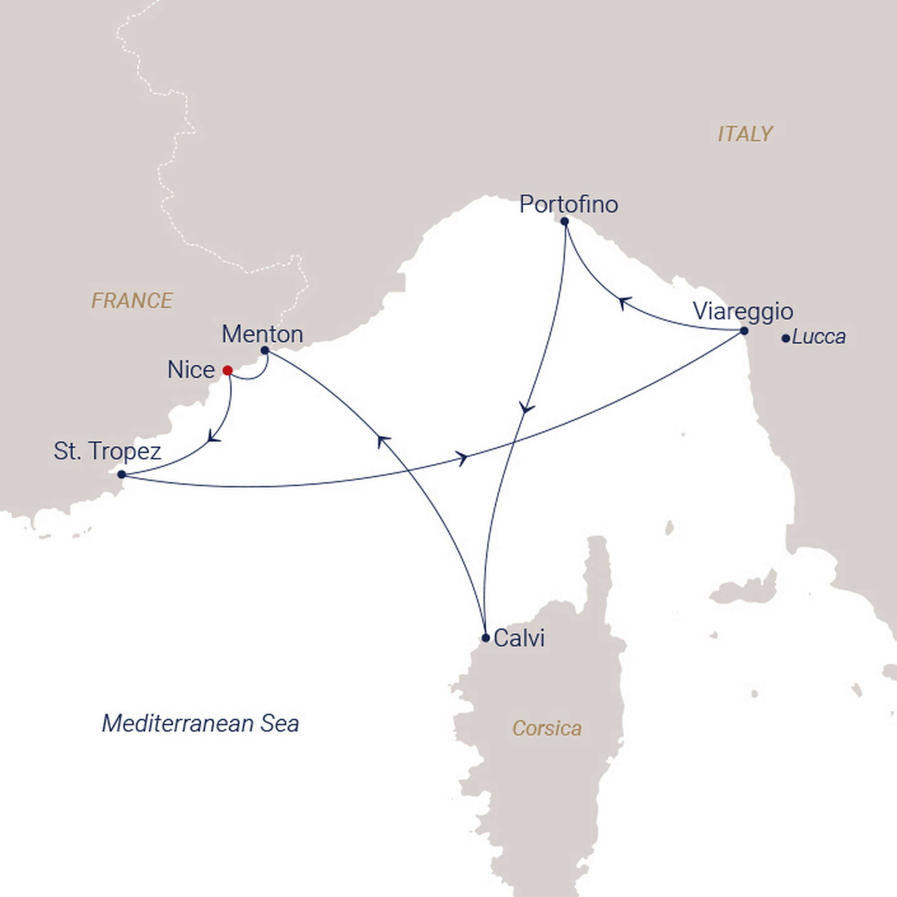 Official SEA CLOUD route map for Sea Cloud Spirit voyage SCS-2713 from Nice, France to Nice, France