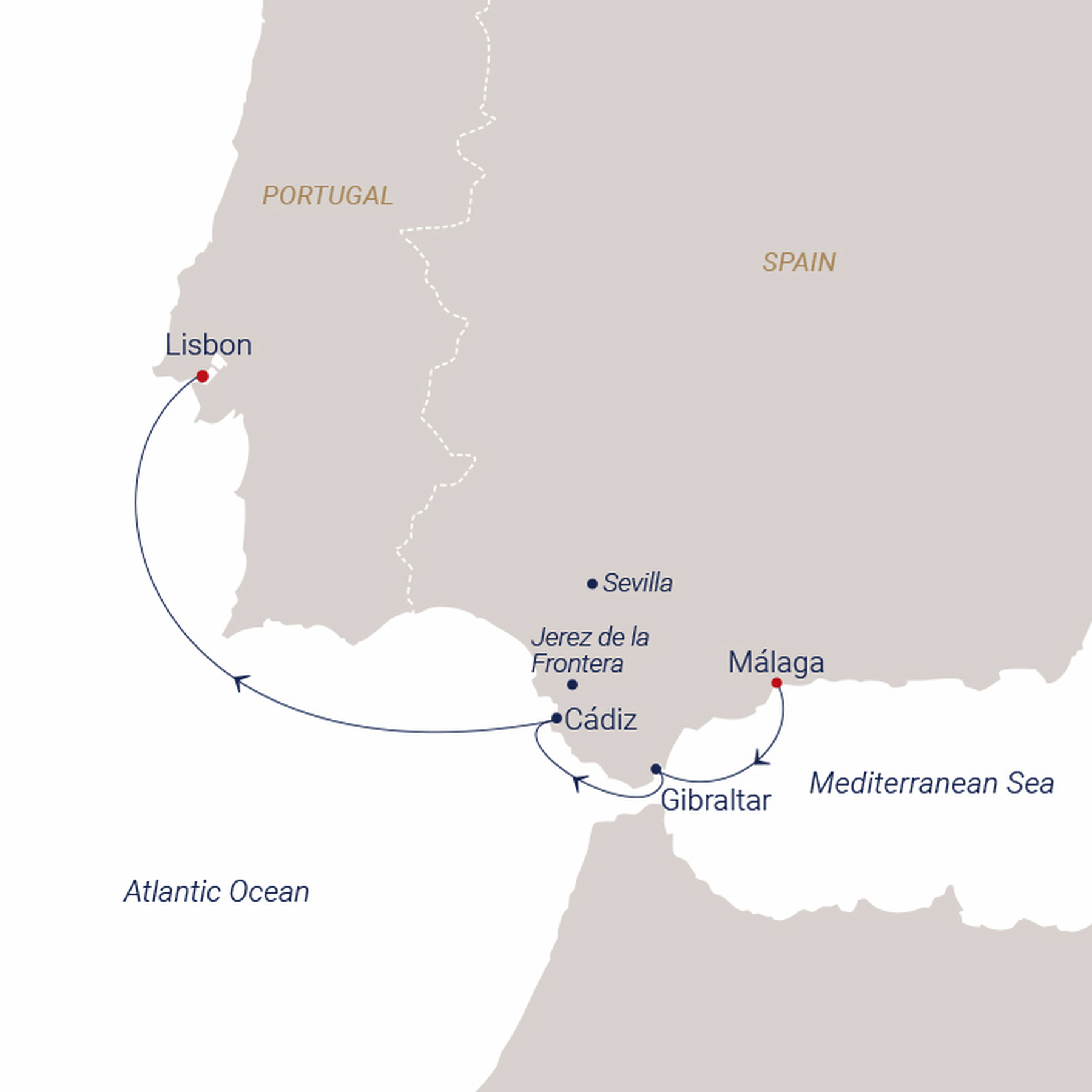Official SEA CLOUD route map for Sea Cloud Spirit voyage SCS-2716 from Málaga, Spain to Lisbon, Portugal