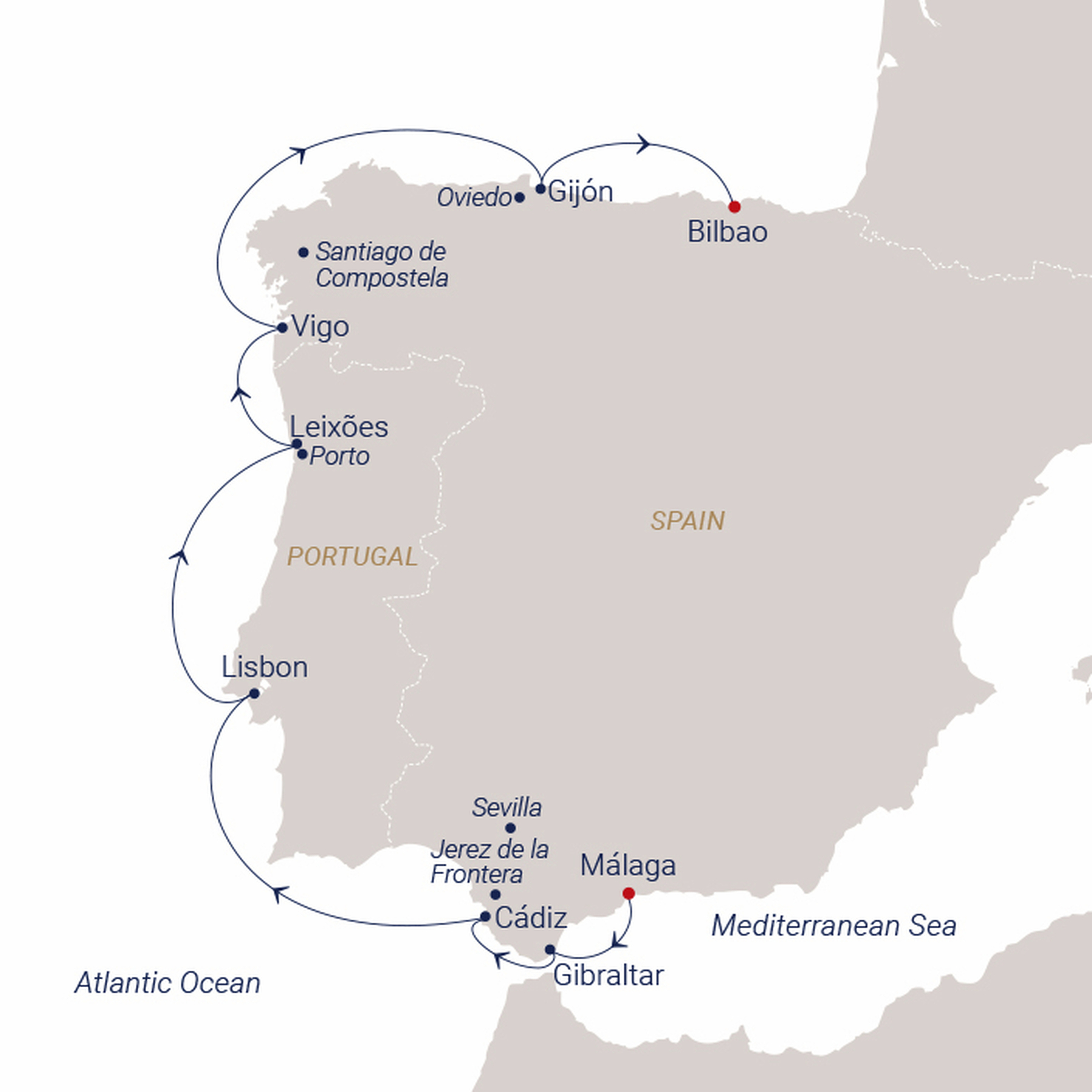 Official SEA CLOUD route map for Sea Cloud Spirit voyage SCS-271617 from Málaga, Spain to Bilbao, Spain