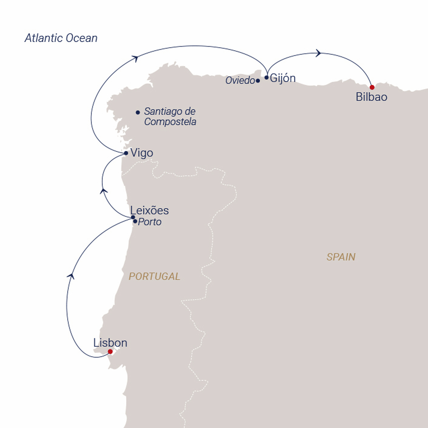Official SEA CLOUD route map for Sea Cloud Spirit voyage SCS-2717 from Lisbon, Portugal to Bilbao, Spain