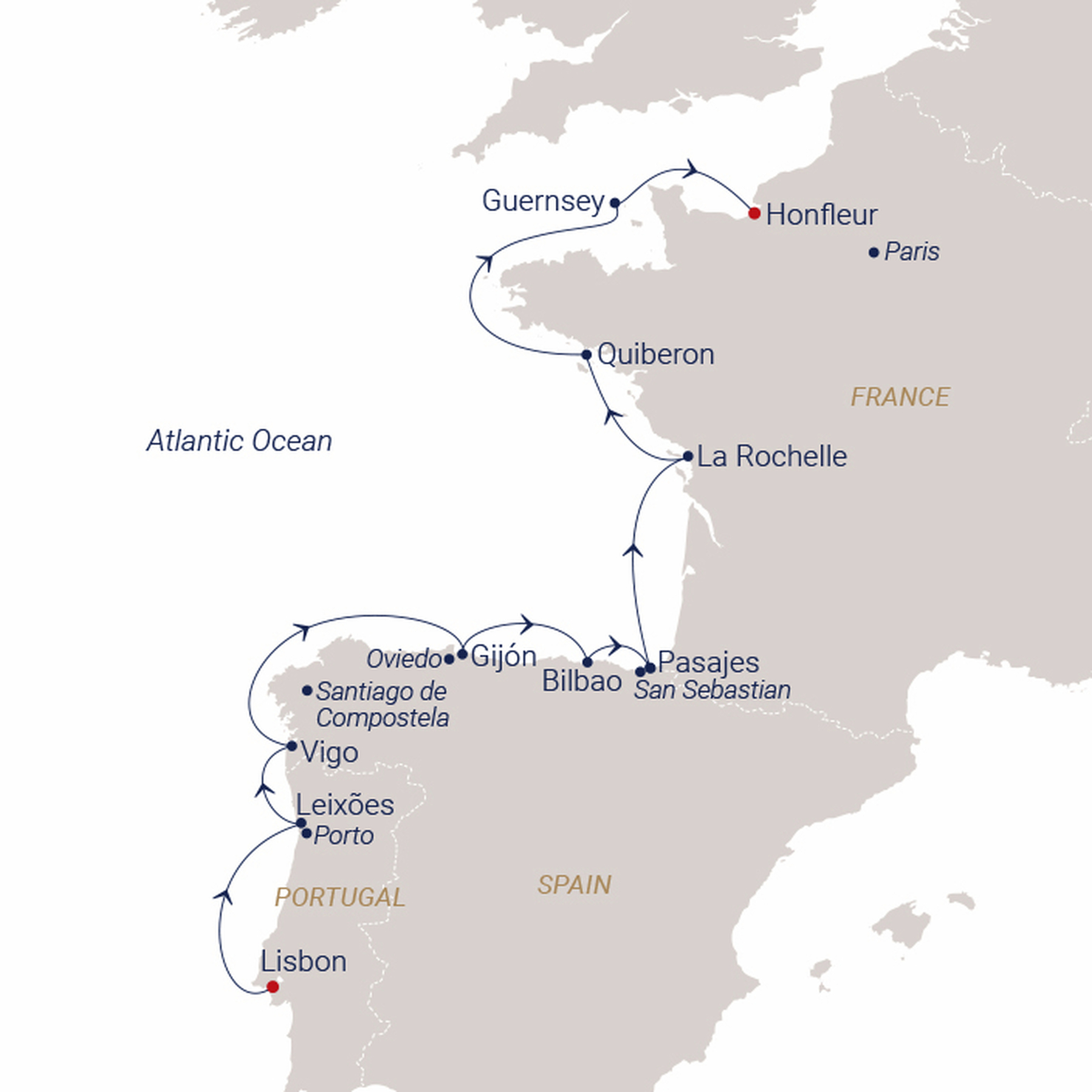 Official SEA CLOUD route map for Sea Cloud Spirit voyage SCS-271718 from Lisbon, Portugal to Honfleur (Paris), France