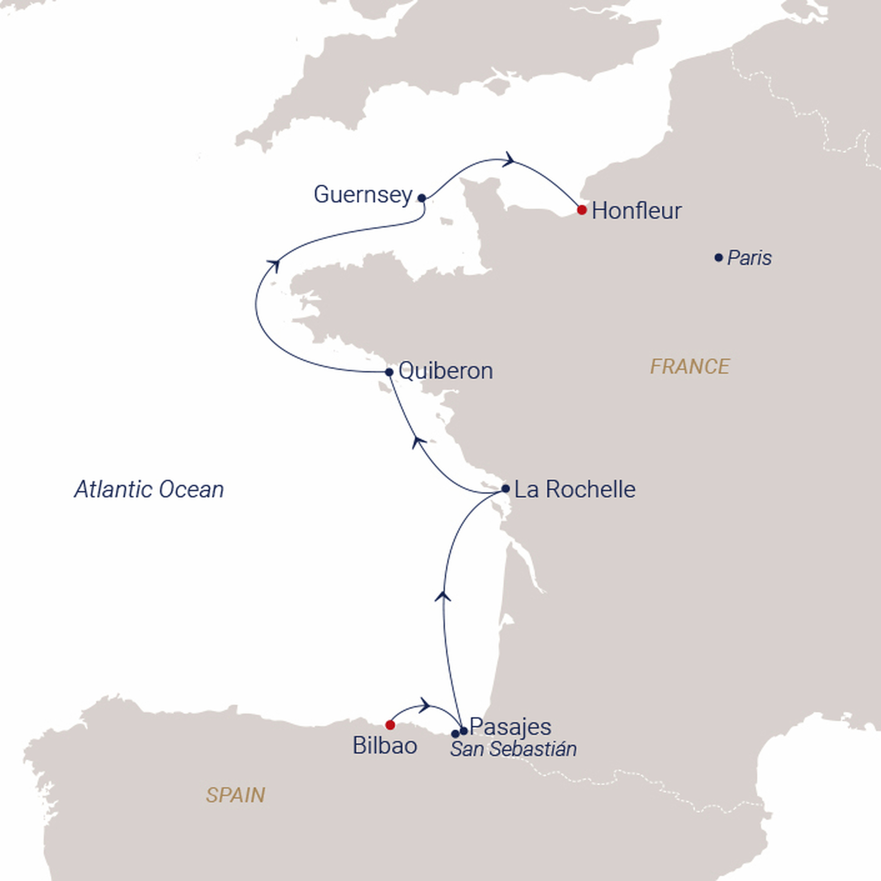 Official SEA CLOUD route map for Sea Cloud Spirit voyage SCS-2718 from Bilbao, Spain to Honfleur (Paris), France