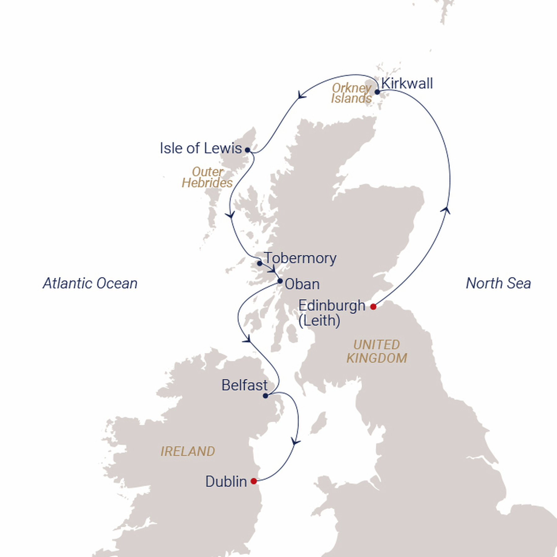 Official SEA CLOUD route map for Sea Cloud Spirit voyage SCS-2722 from Edinburgh (Leith), Great Britain to Dublin, Ireland
