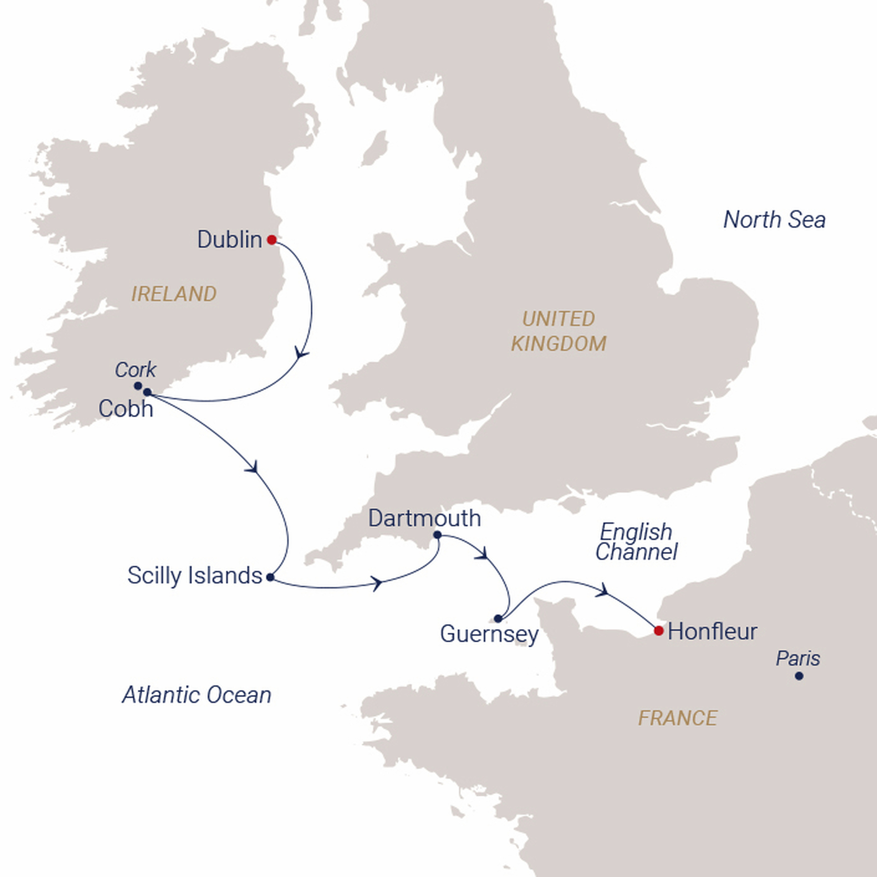 Official SEA CLOUD route map for Sea Cloud Spirit voyage SCS-2723 from Dublin, Ireland to Honfleur, France
