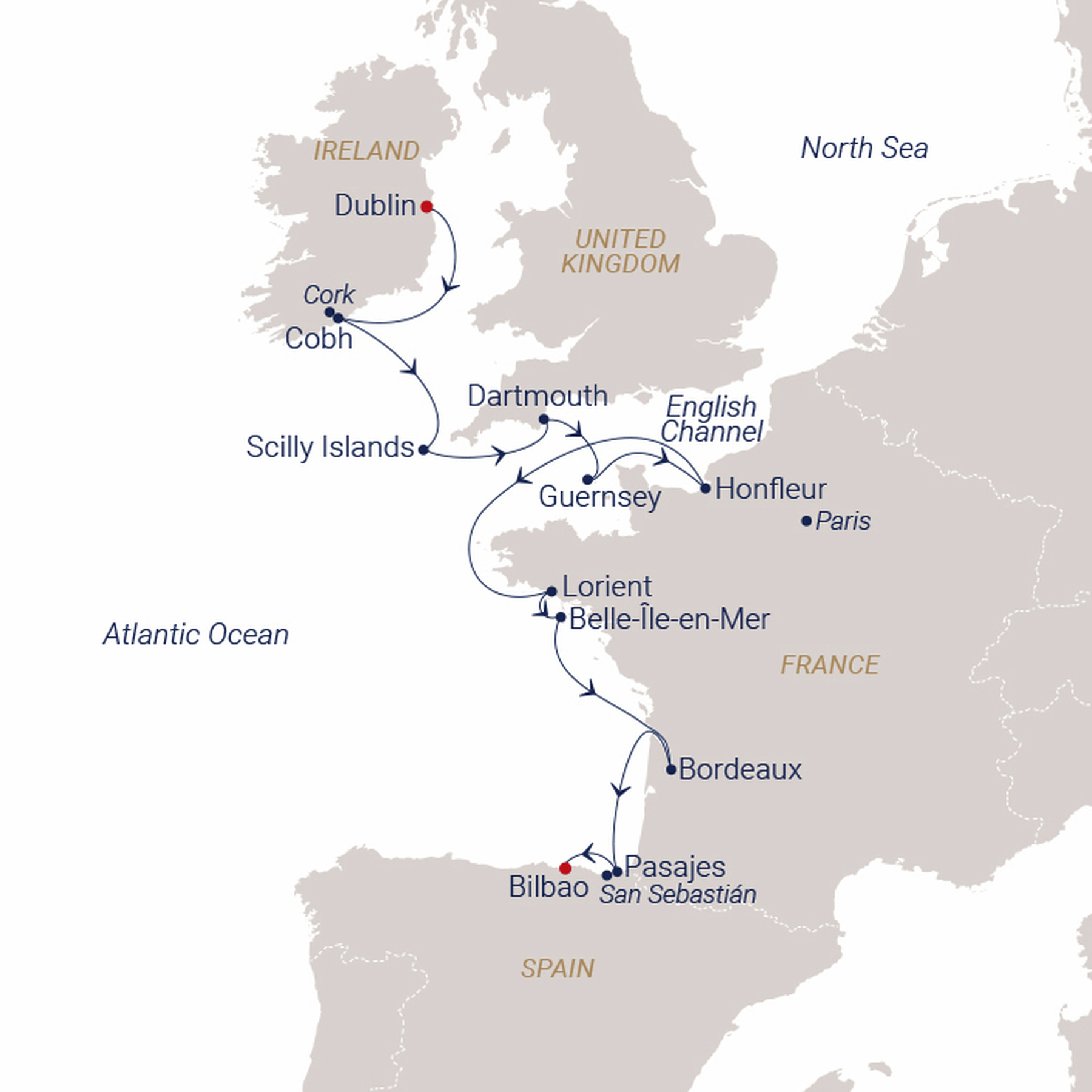 Official SEA CLOUD route map for Sea Cloud Spirit voyage SCS-272324 from Dublin, Ireland to Bilbao, Spain