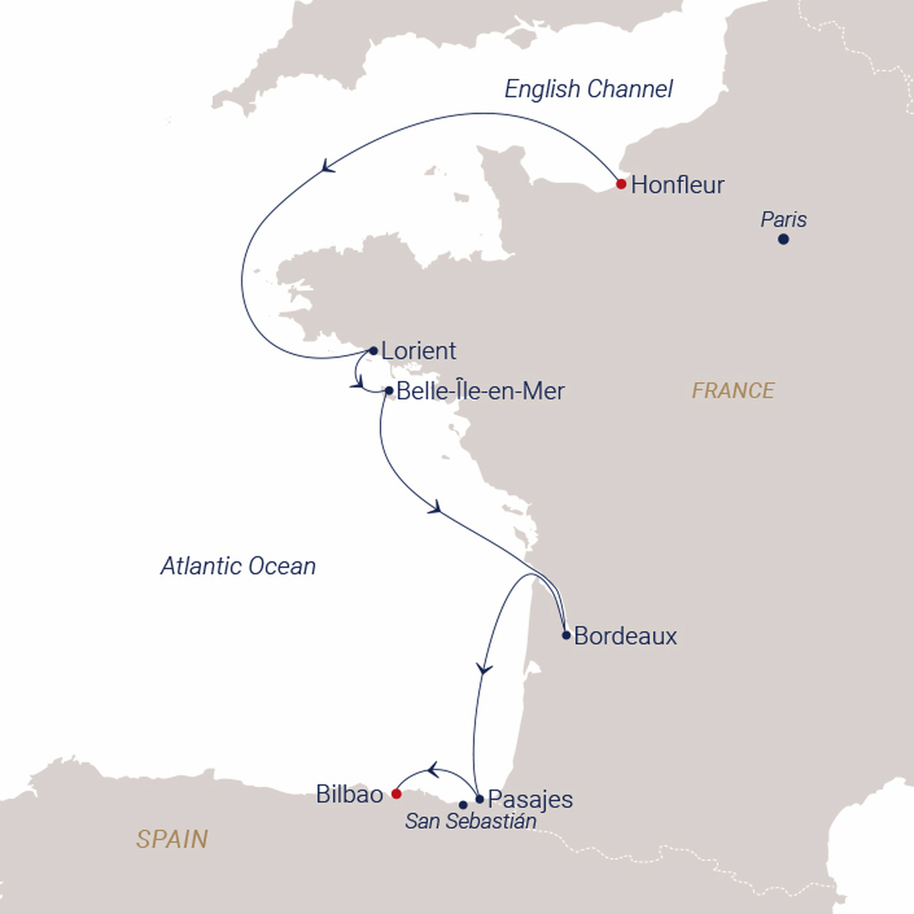 Official SEA CLOUD route map for Sea Cloud Spirit voyage SCS-2724 from Honfleur, France to Bilbao, Spain