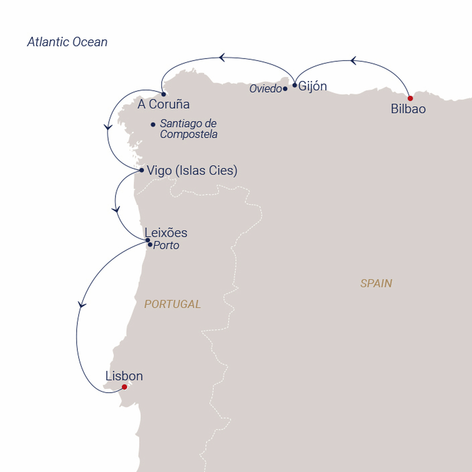 Official SEA CLOUD route map for Sea Cloud Spirit voyage SCS-2725 from Bilbao, Spain to Lisbon, Portugal