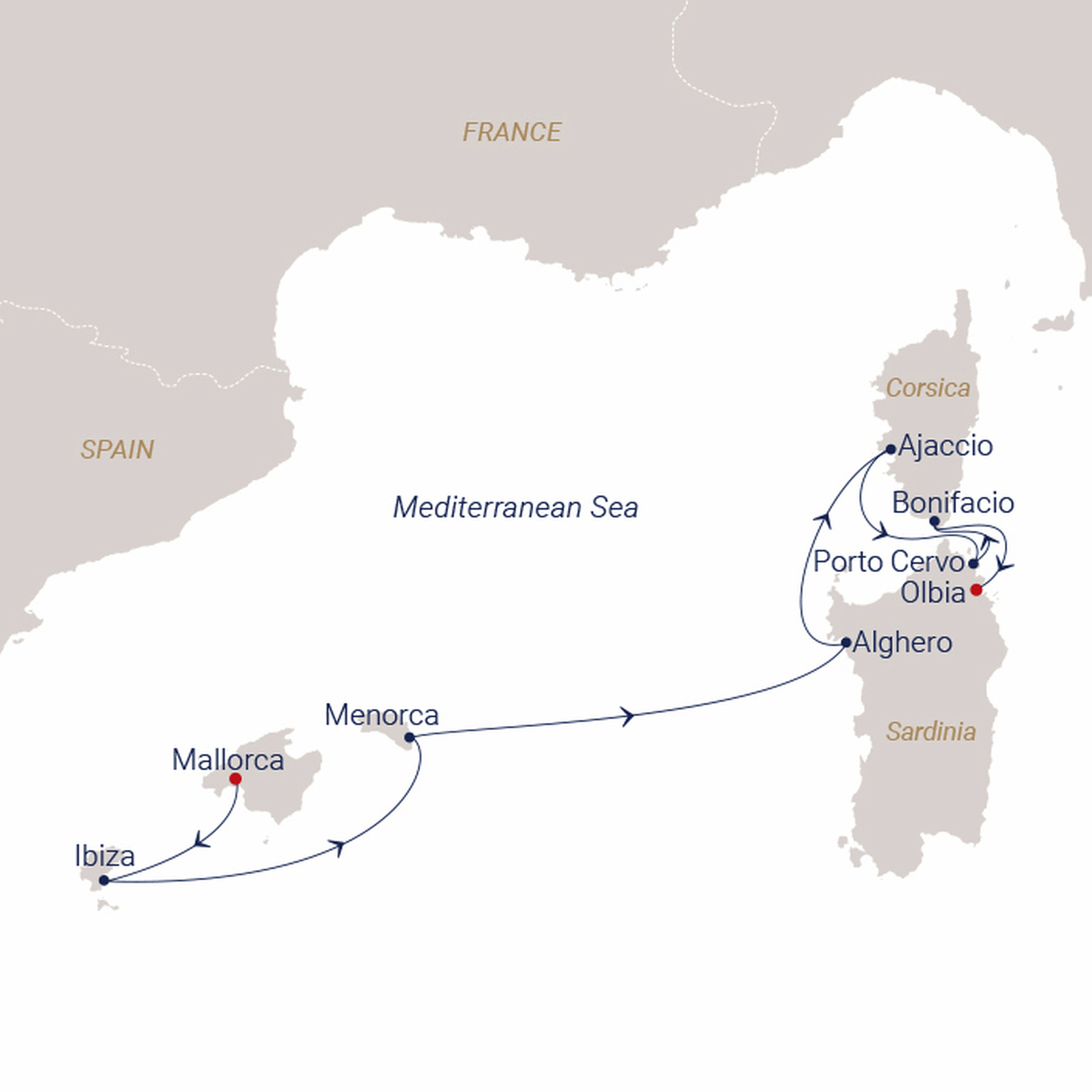 Official SEA CLOUD route map for Sea Cloud Spirit voyage SCS-2727 from Palma de Mallorca, Spain to Olbia, Sardinia