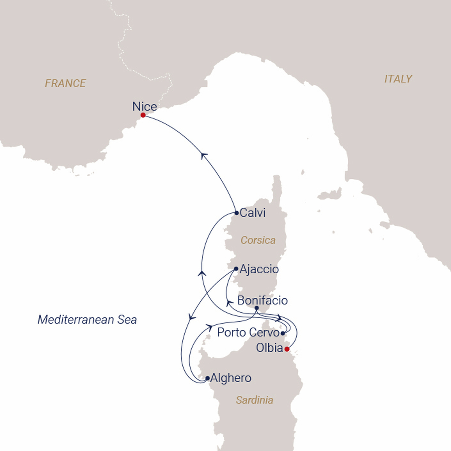 Official SEA CLOUD route map for Sea Cloud Spirit voyage SCS-2730 from Olbia, Sardinia to Nice, France