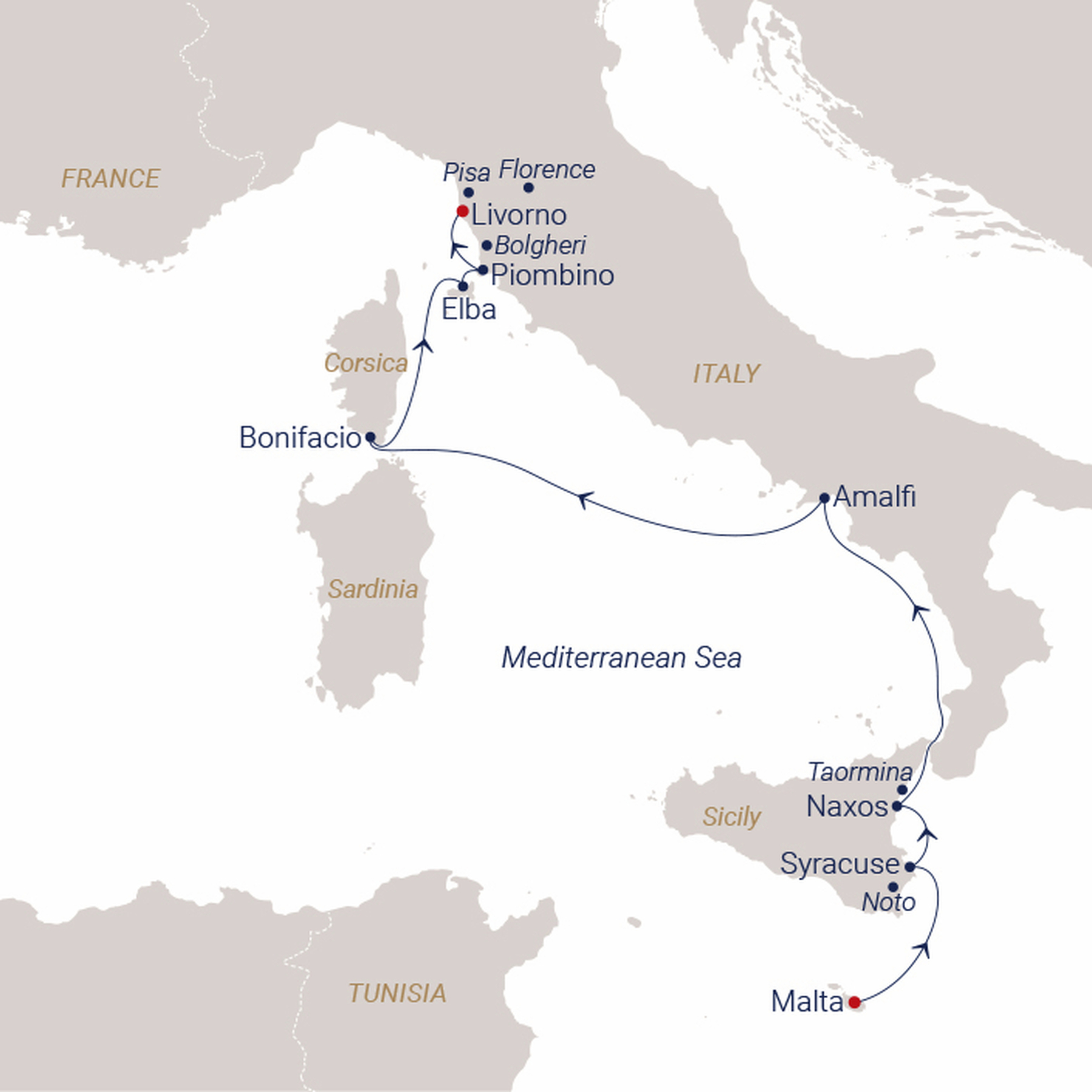 Official SEA CLOUD route map for Sea Cloud Spirit voyage SCS-2734 from Valletta, Malta to Livorno, Italy