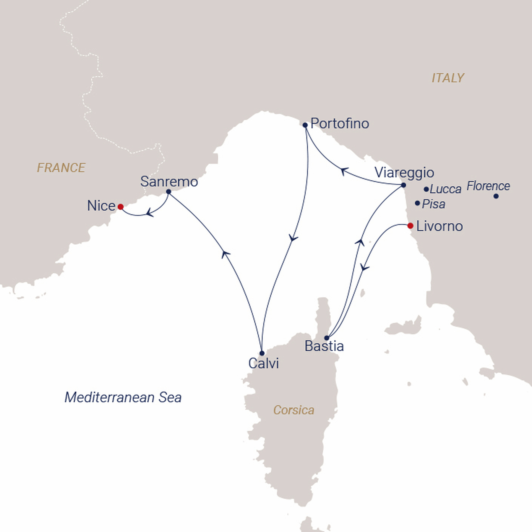 Official SEA CLOUD route map for Sea Cloud Spirit voyage SCS-2735 from Livorno, Italy to Nice, France