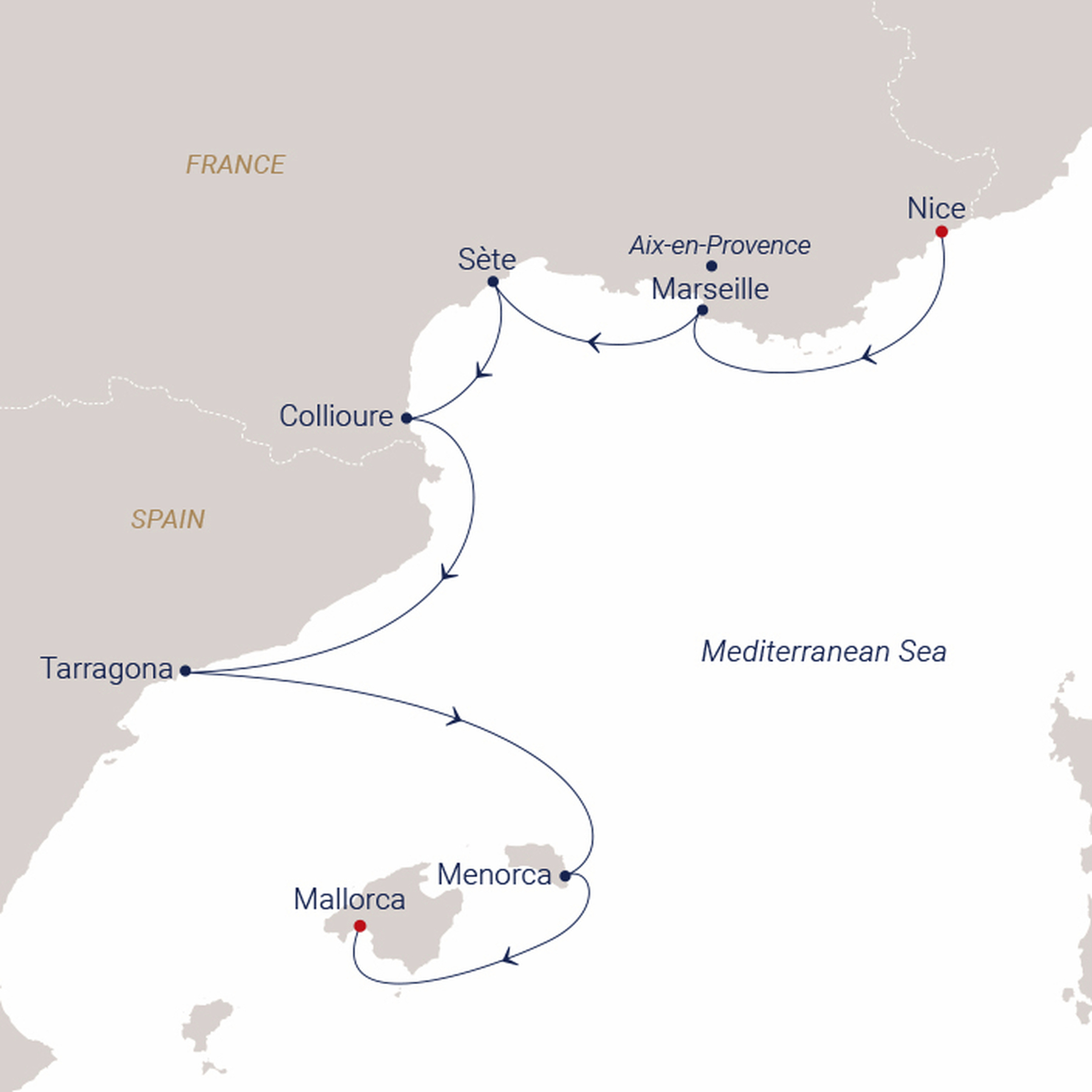 Official SEA CLOUD route map for Sea Cloud Spirit voyage SCS-2737 from Nice, France to Palma de Mallorca, Spain