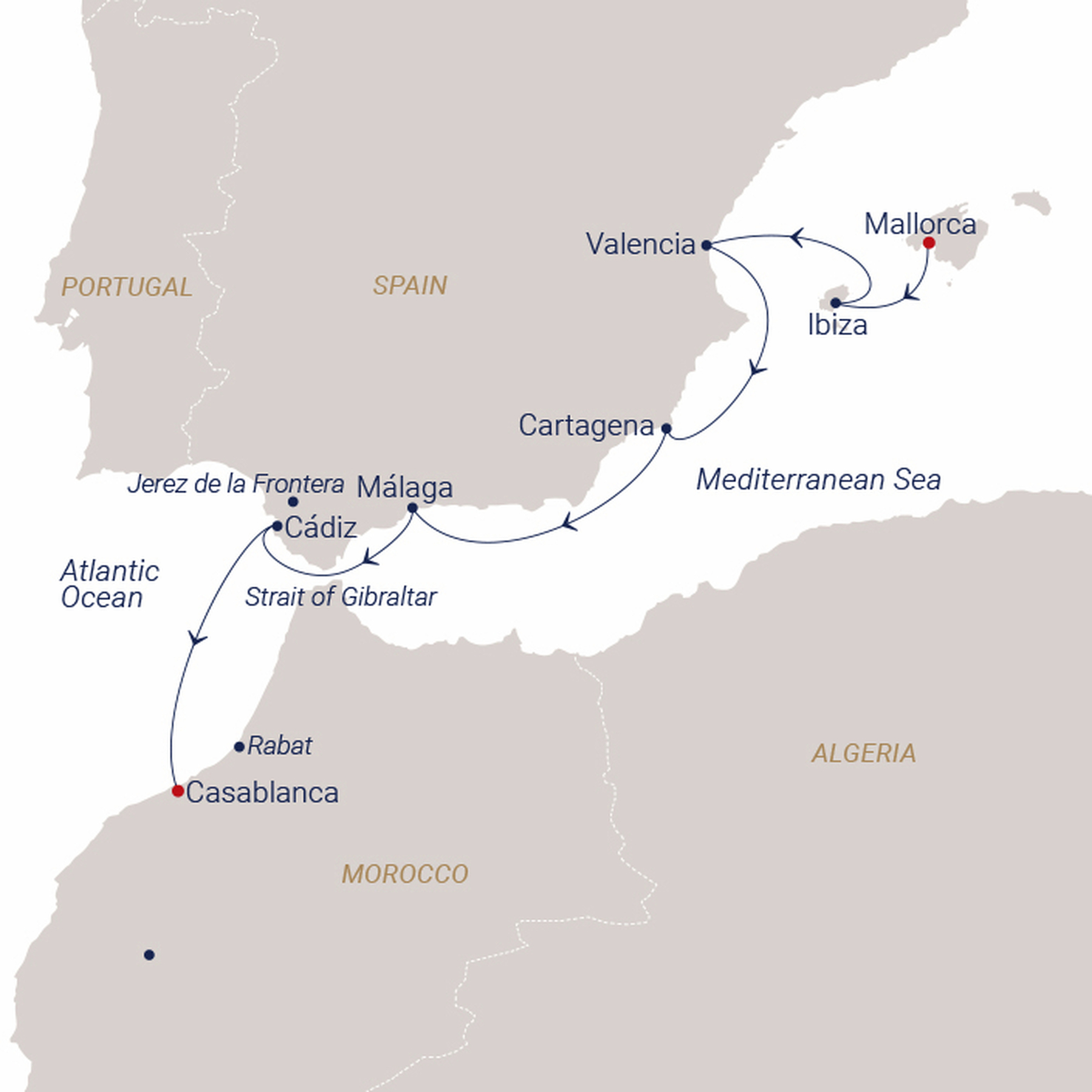 Official SEA CLOUD route map for Sea Cloud Spirit voyage SCS-2738 from Palma de Mallorca, Spain to Casablanca, Morocco