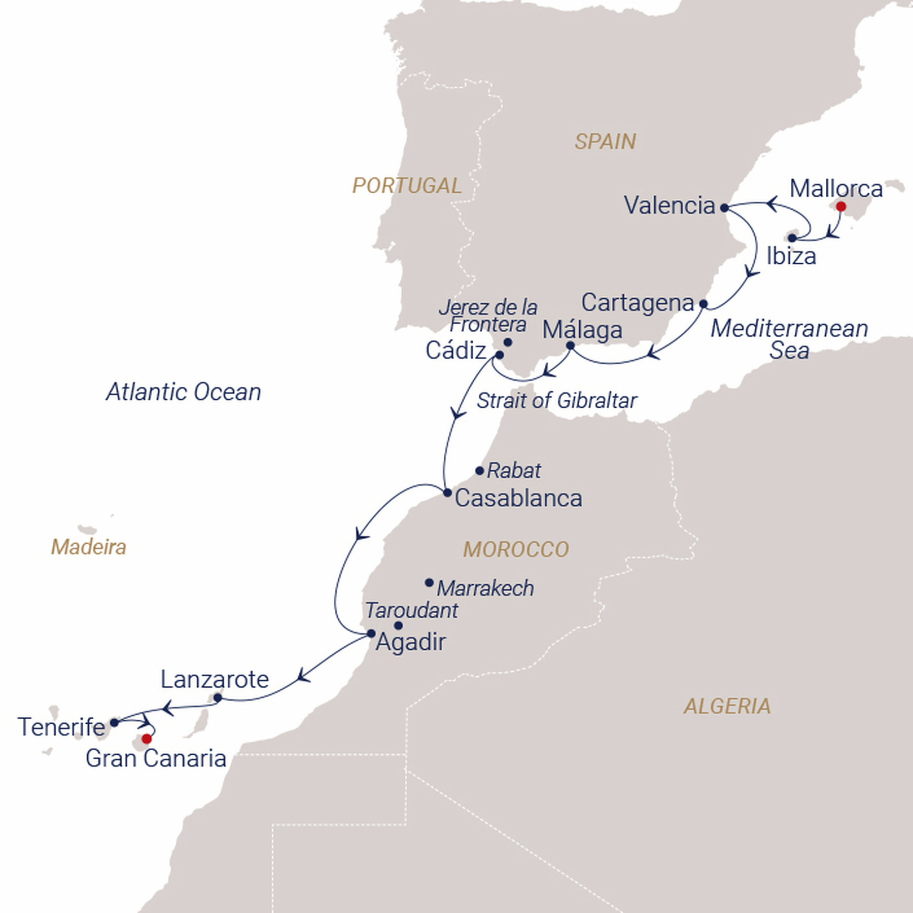 Official SEA CLOUD route map for Sea Cloud Spirit voyage SCS-273839 from Palma de Mallorca, Spain to Las Palmas, Gran Canaria