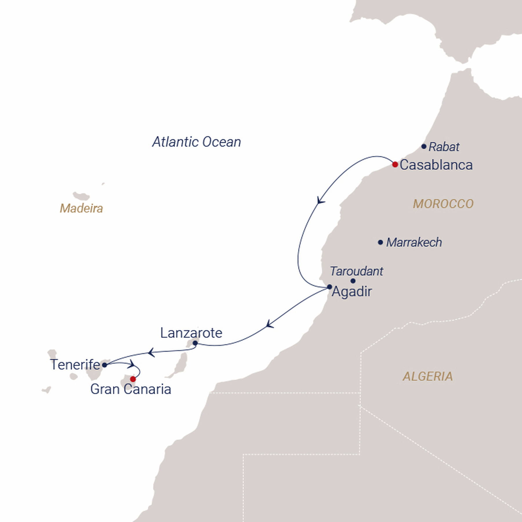 Official SEA CLOUD route map for Sea Cloud Spirit voyage SCS-2739 from Casablanca, Morocco to Las Palmas, Gran Canaria