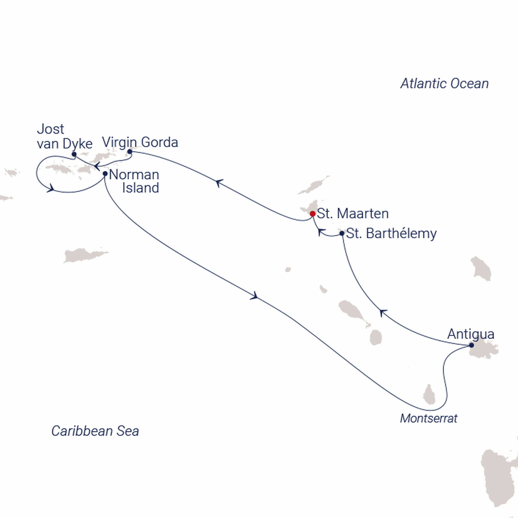 Official SEA CLOUD route map for Sea Cloud Spirit voyage SCS-2742 from Philipsburg, St. Maarten to Philipsburg, St. Maarten