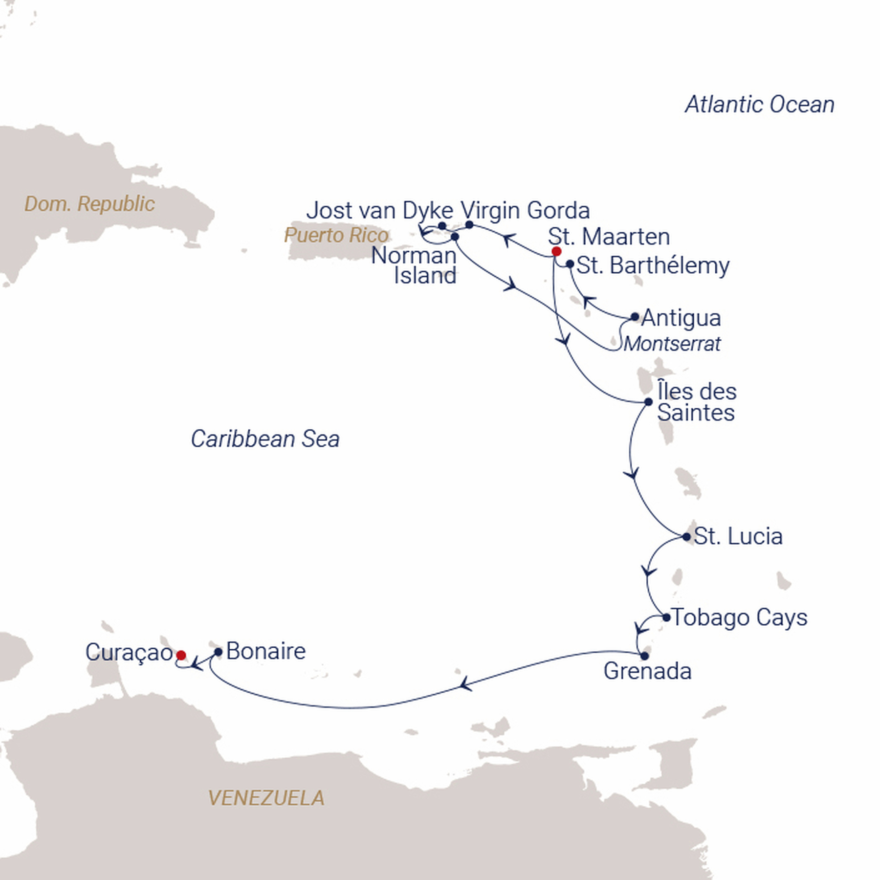 Official SEA CLOUD route map for Sea Cloud Spirit voyage SCS-274243 from Philipsburg, St. Maarten to Willemstad, Curaçao