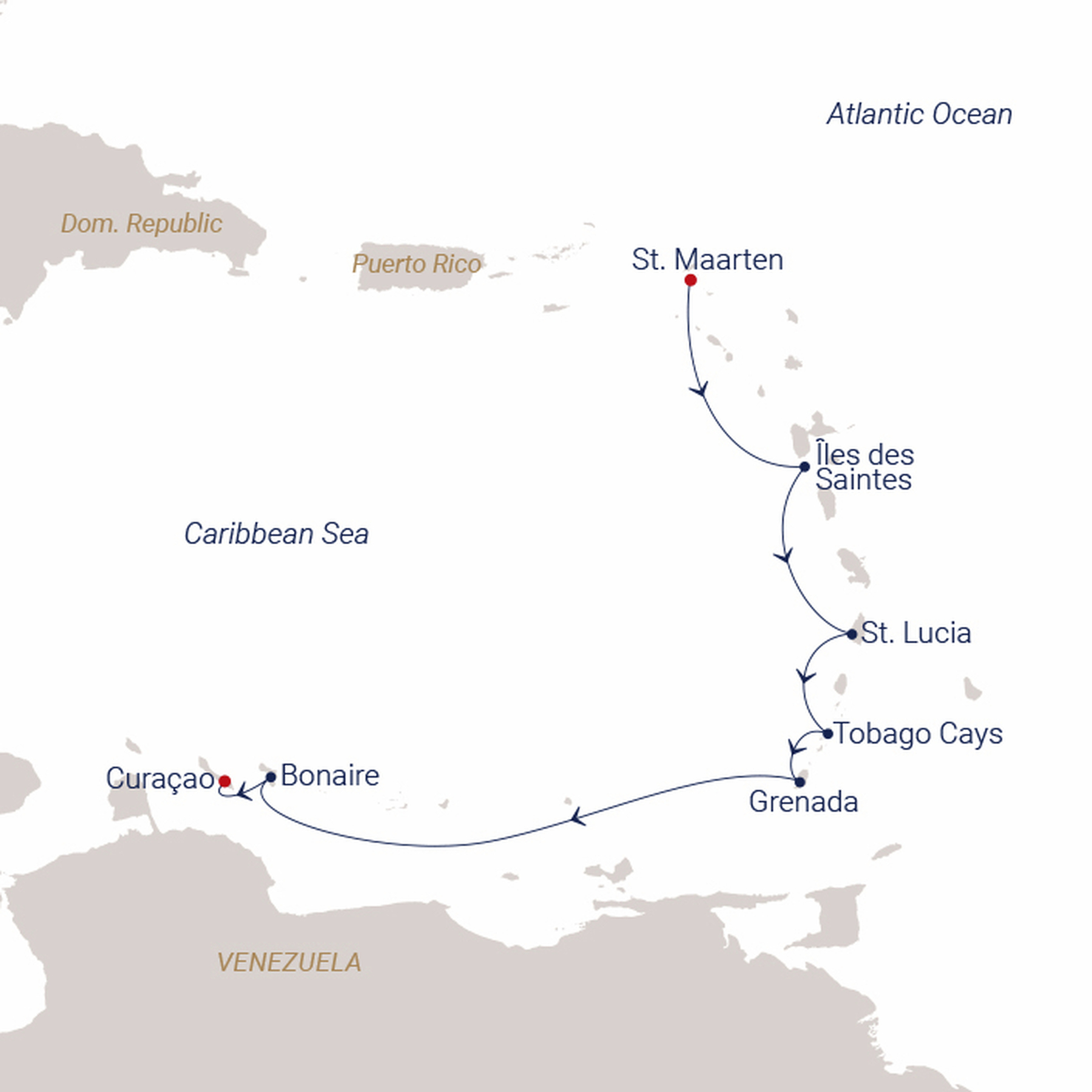 Official SEA CLOUD route map for Sea Cloud Spirit voyage SCS-2743 from Philipsburg, St. Maarten to Willemstad, Curaçao