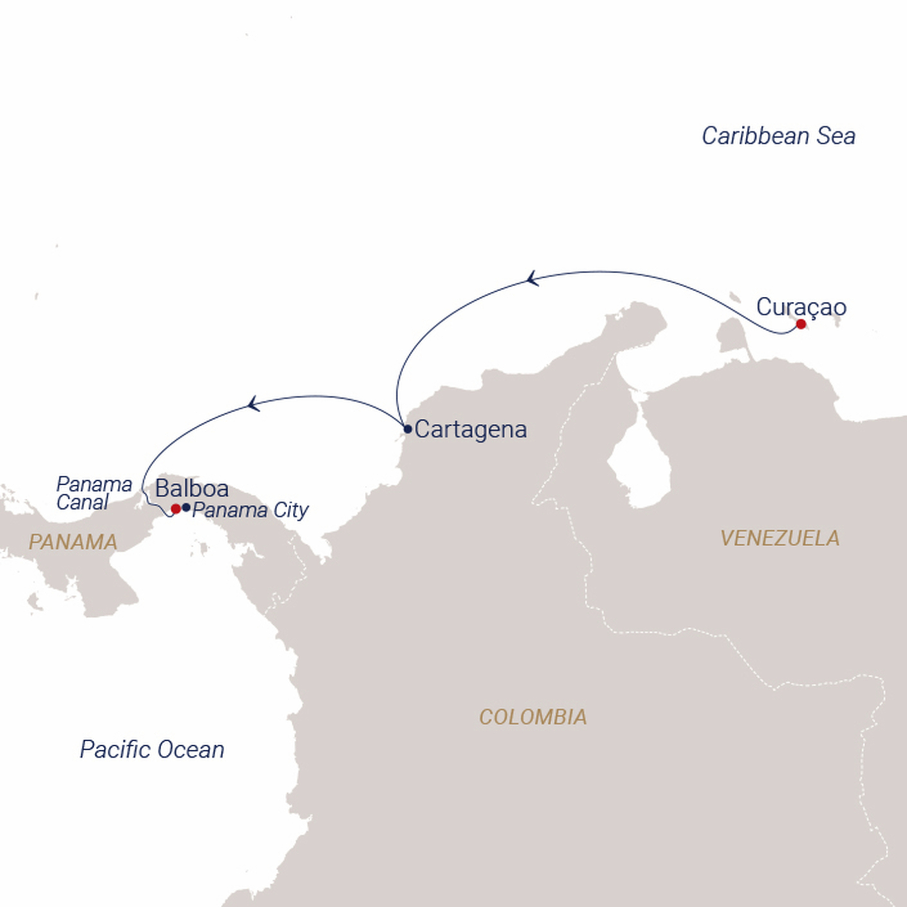 Official SEA CLOUD route map for Sea Cloud Spirit voyage SCS-2744 from Willemstad, Curaçao to Panama City (Balboa), Panama
