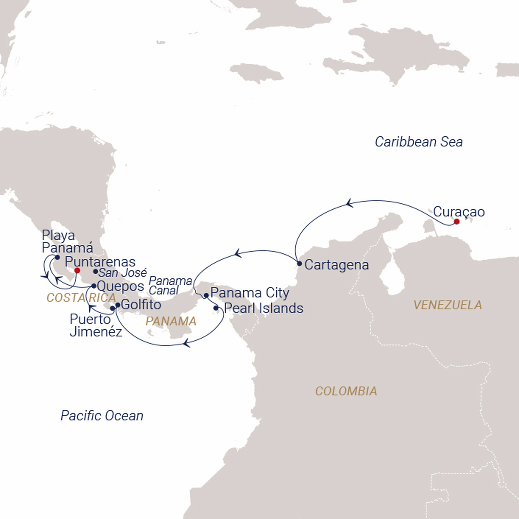 Official SEA CLOUD route map for Sea Cloud Spirit voyage SCS-274445 from Willemstad, Curaçao to San José (Puntarenas), Costa Rica