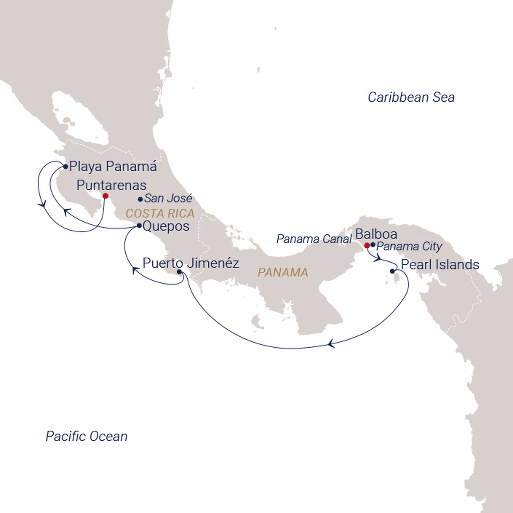 Official SEA CLOUD route map for Sea Cloud Spirit voyage SCS-2745 from Panama City (Balboa), Panama to San José (Puntarenas), Costa Rica