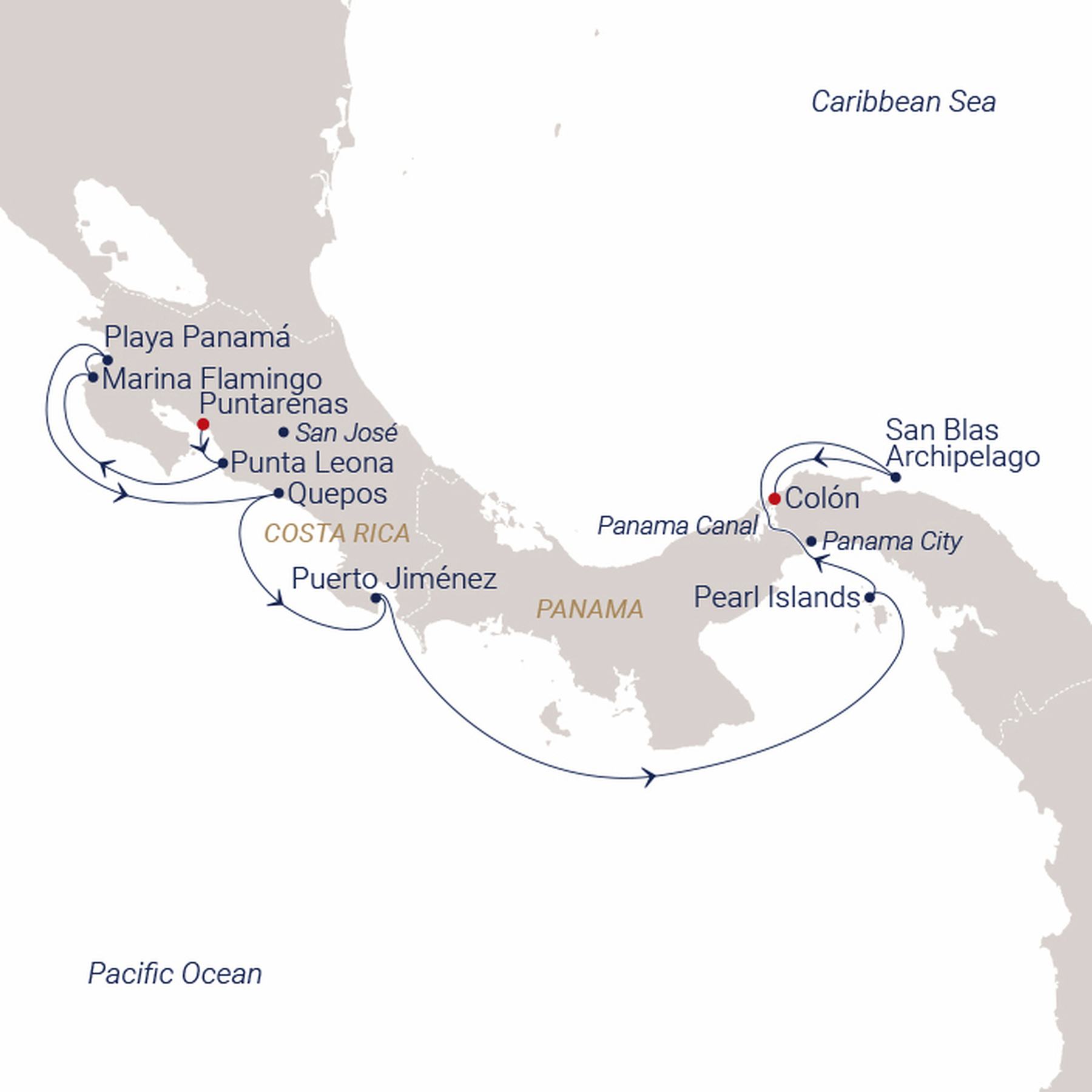Official SEA CLOUD route map for Sea Cloud Spirit voyage SCS-2801 from San José (Puntarenas), Costa Rica to Panama City (Colón), Panama