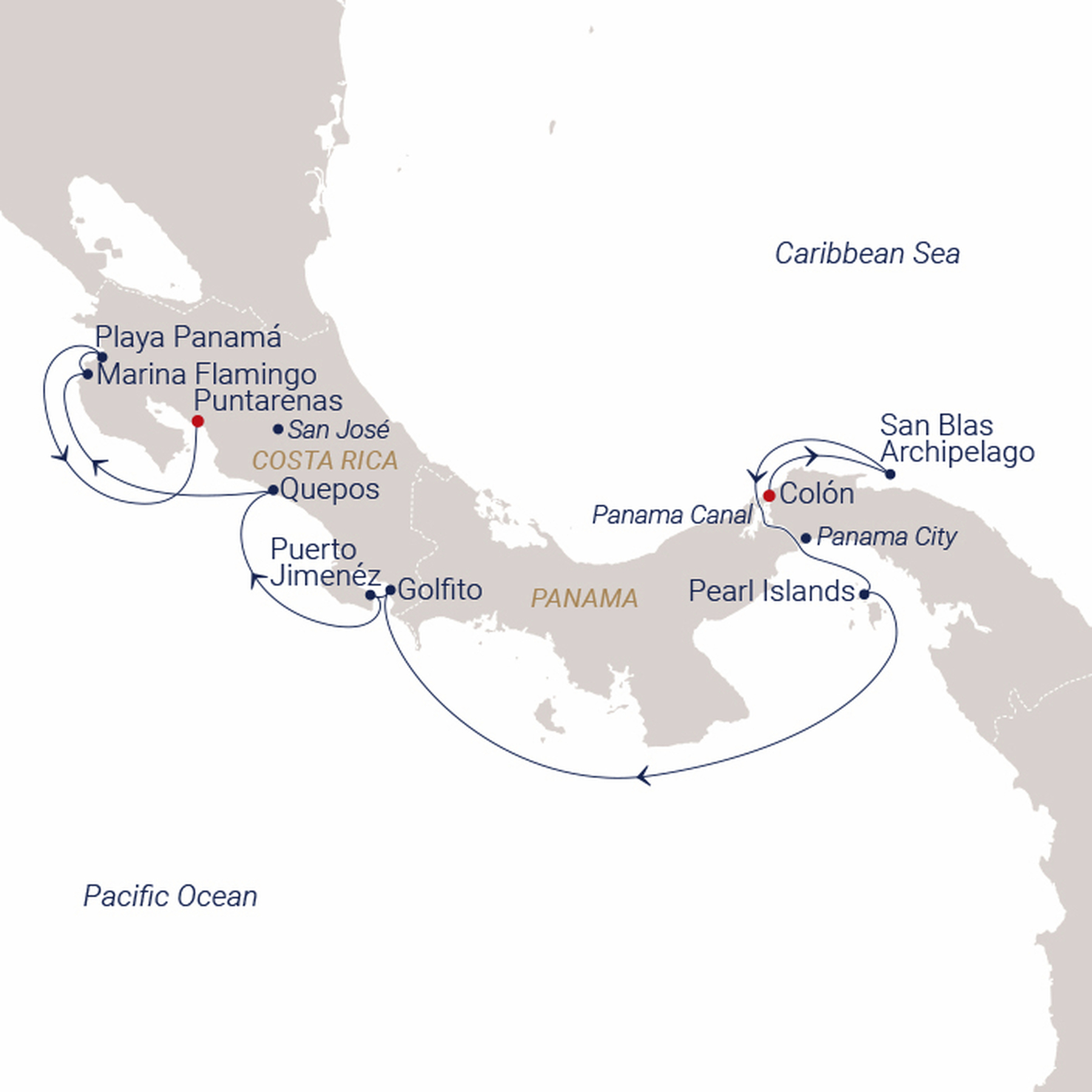 Official SEA CLOUD route map for Sea Cloud Spirit voyage SCS-2802 from Panama City (Colón), Panama to San José (Puntarenas), Costa Rica