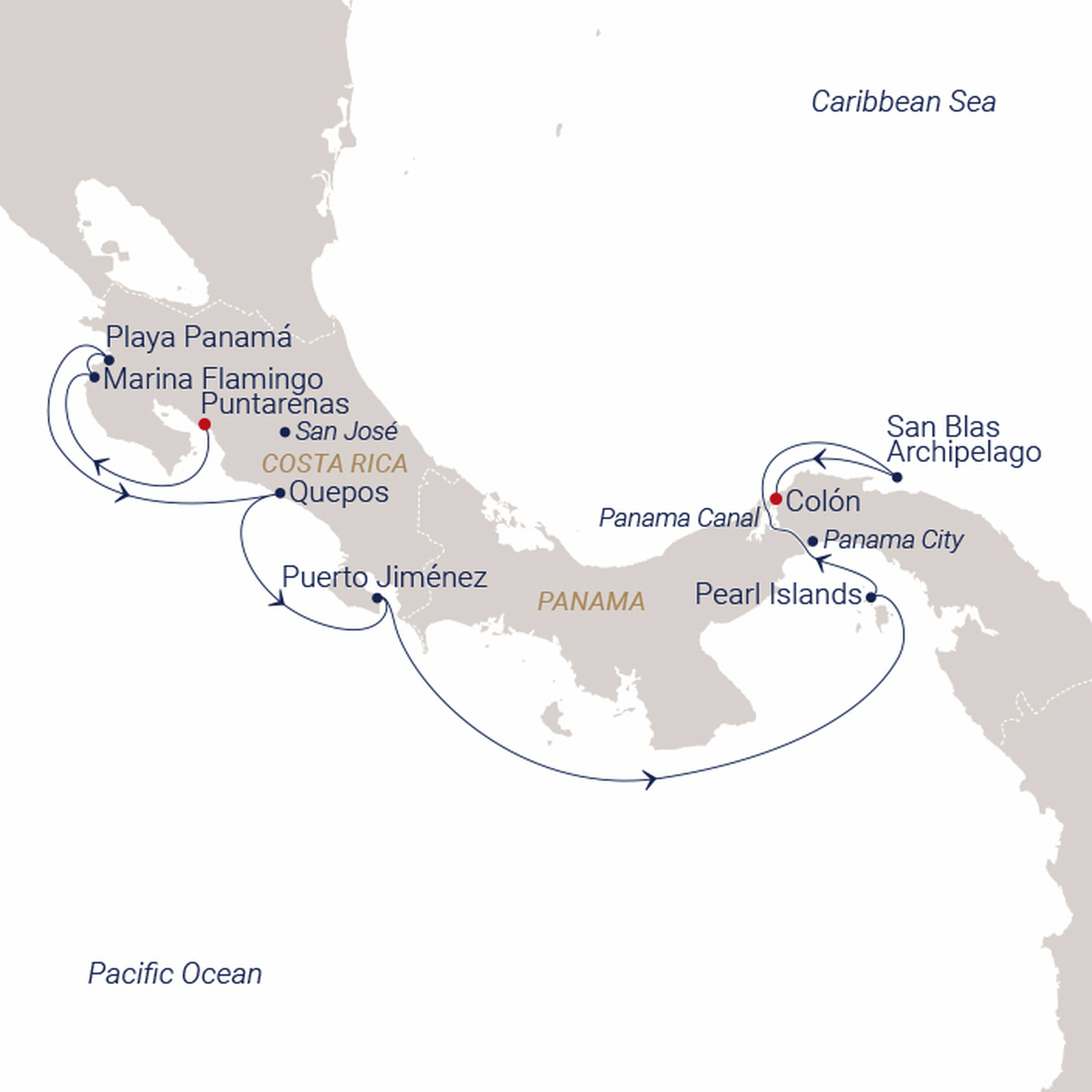 Official SEA CLOUD route map for Sea Cloud Spirit voyage SCS-2803 from San José (Puntarenas), Costa Rica to Panama City (Colón), Panama