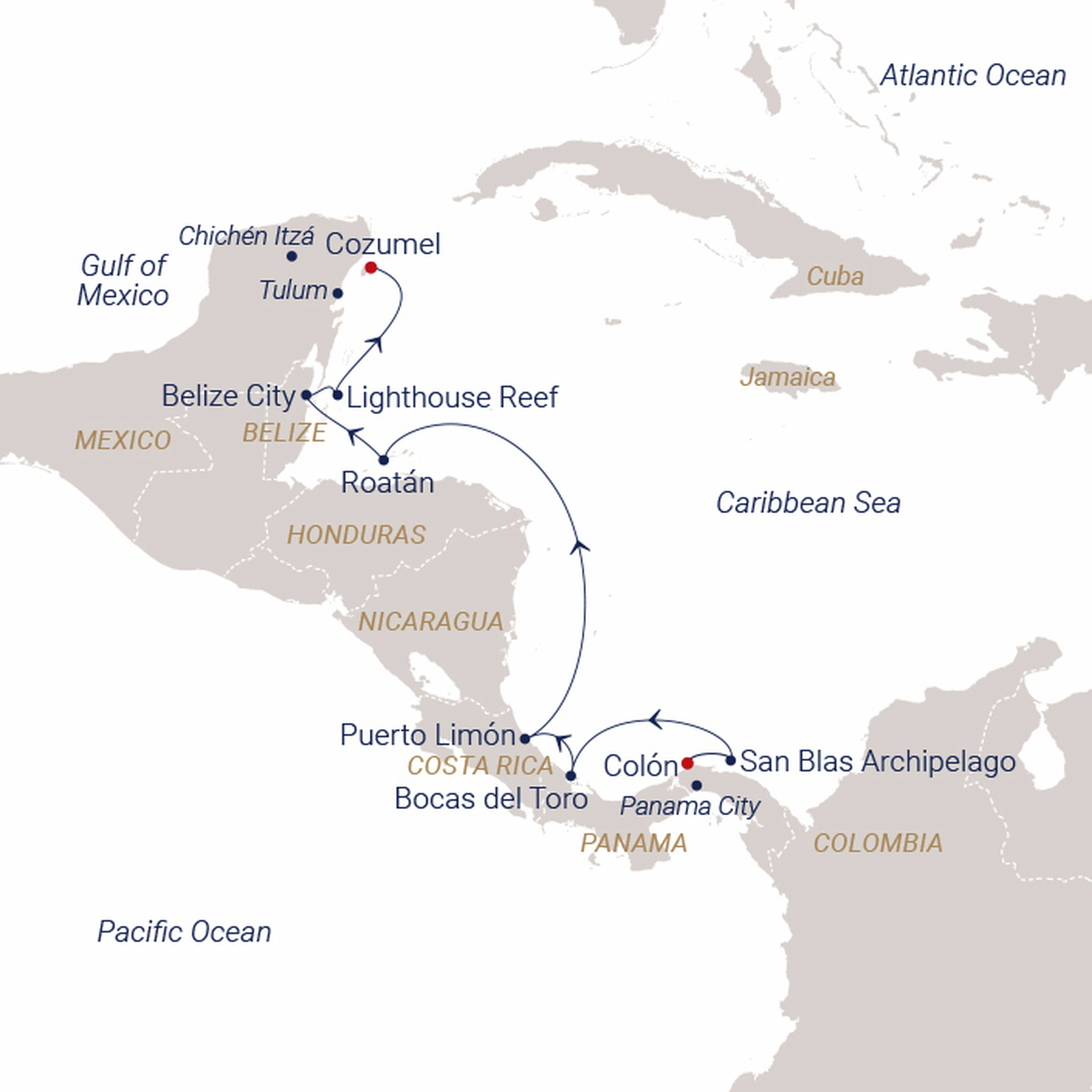 Official SEA CLOUD route map for Sea Cloud Spirit voyage SCS-2804 from Panama City (Colón), Panama to Cozumel, Mexico