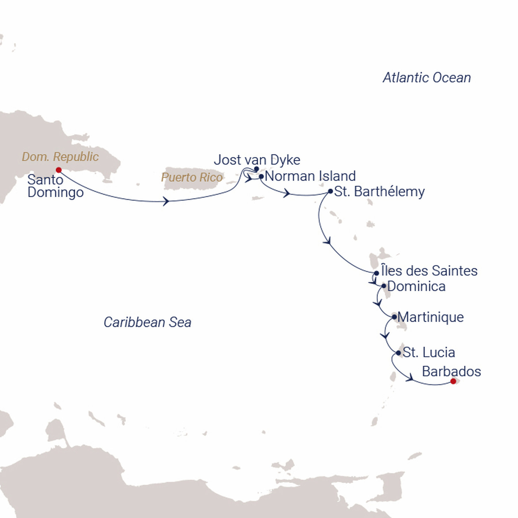 Official SEA CLOUD route map for Sea Cloud Spirit voyage SCS-2806 from Santo Domingo, Dom. Republic to Bridgetown, Barbados