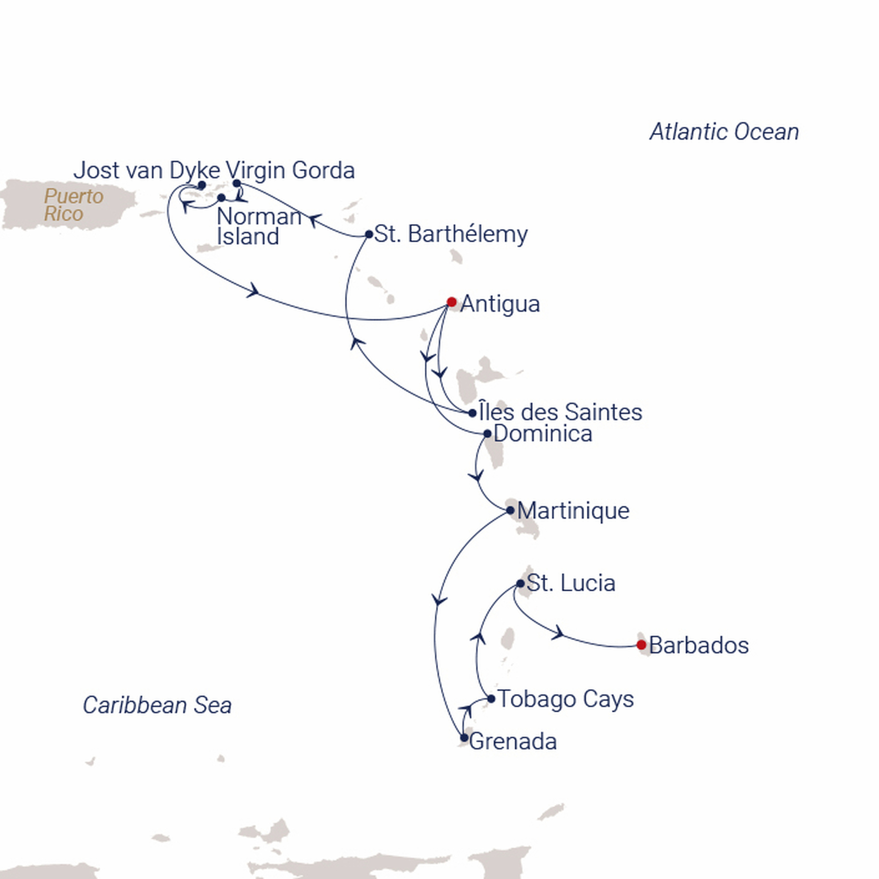 Official SEA CLOUD route map for Sea Cloud Spirit voyage SCS-280809 from St. John’s, Antigua to Bridgetown, Barbados