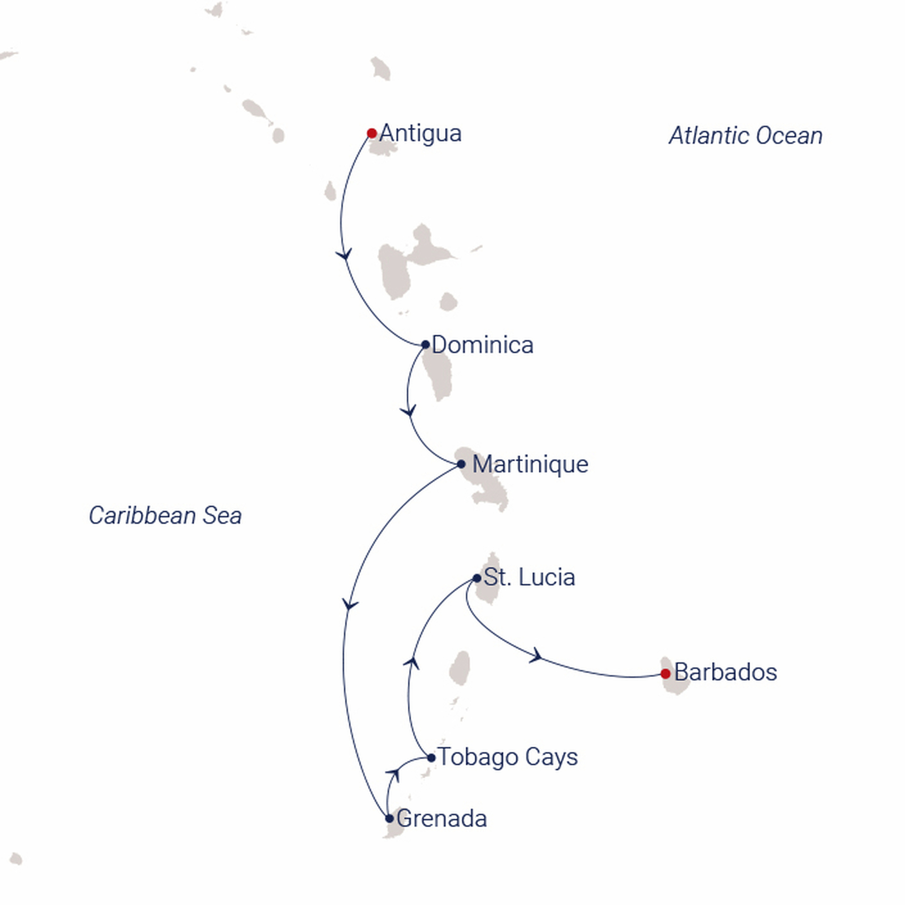 Official SEA CLOUD route map for Sea Cloud Spirit voyage SCS-2809 from St. John’s, Antigua to Bridgetown, Barbados