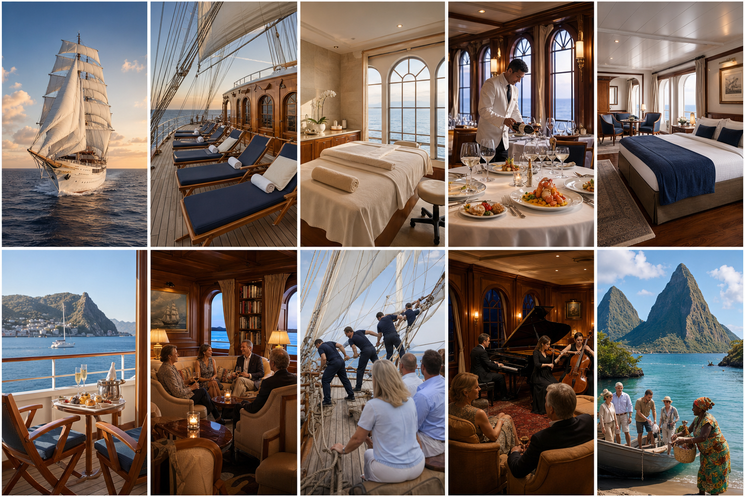 Ten-panel Sea Cloud luxury cruise inspiration collection featuring tall-ship sailing, teak decks, wellness, dining, suites, service, entertainment, and Caribbean discovery