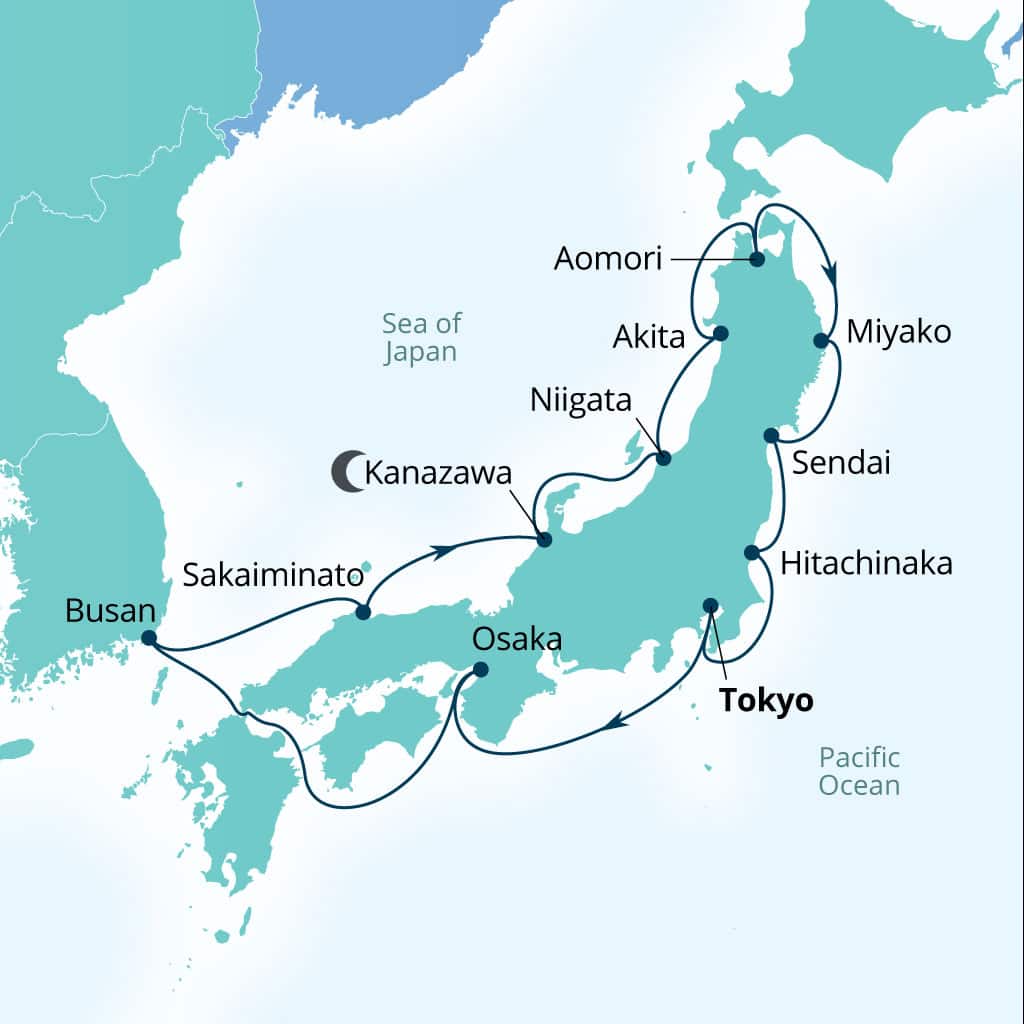 Seabourn Encore 14-day Tokyo, Japan to Tokyo, Japan itinerary map, February 27-March 13 2027
