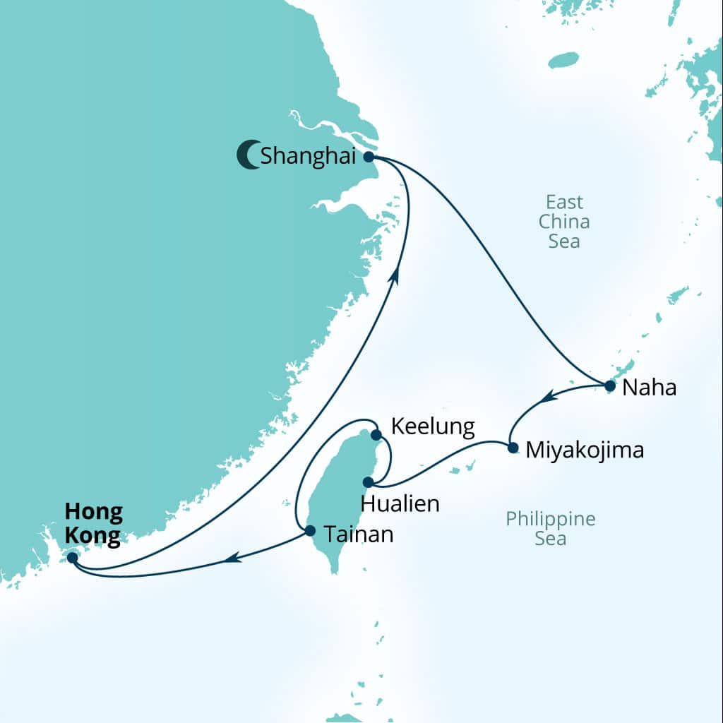 Seabourn Encore 12-day Hong Kong, China to Hong Kong, China itinerary map, January 31-February 12 2029