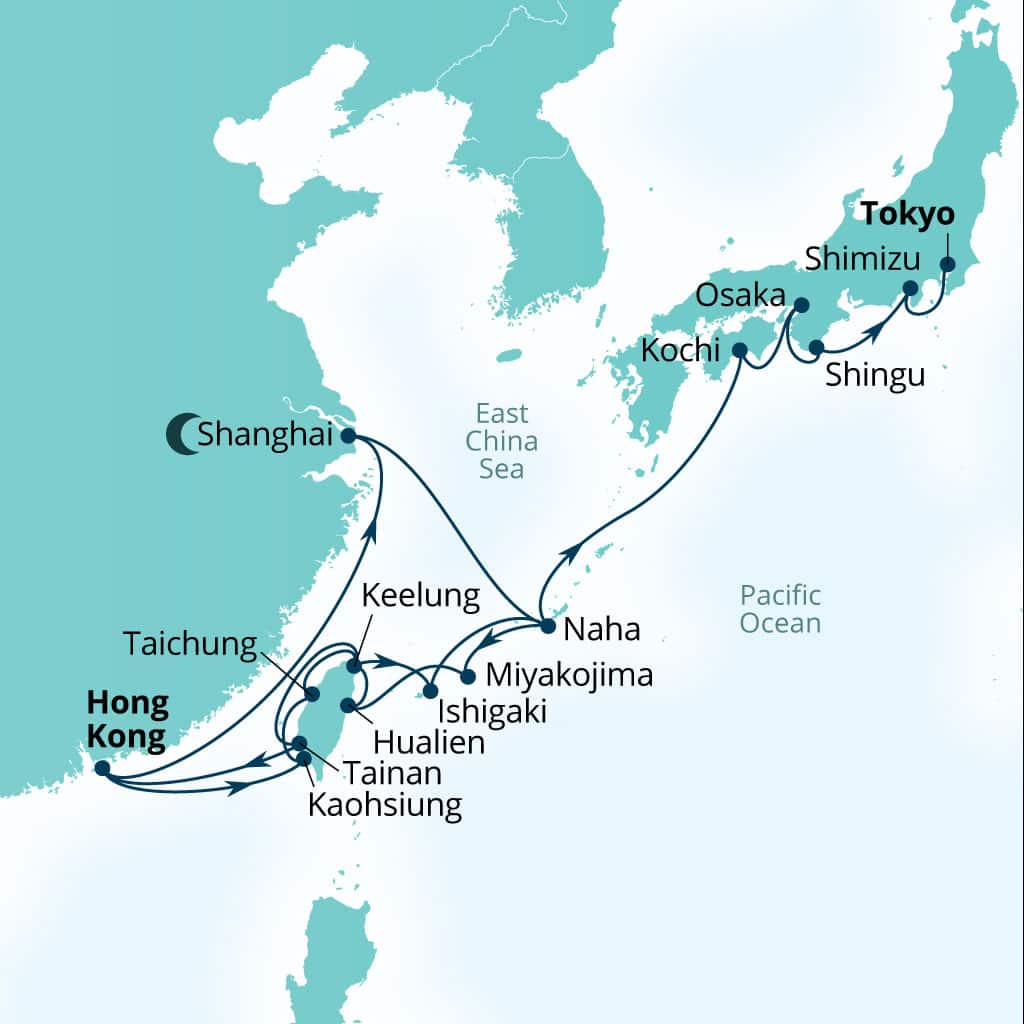 Seabourn Encore 24-day Hong Kong, China to Tokyo, Japan itinerary map, January 31-February 24 2029