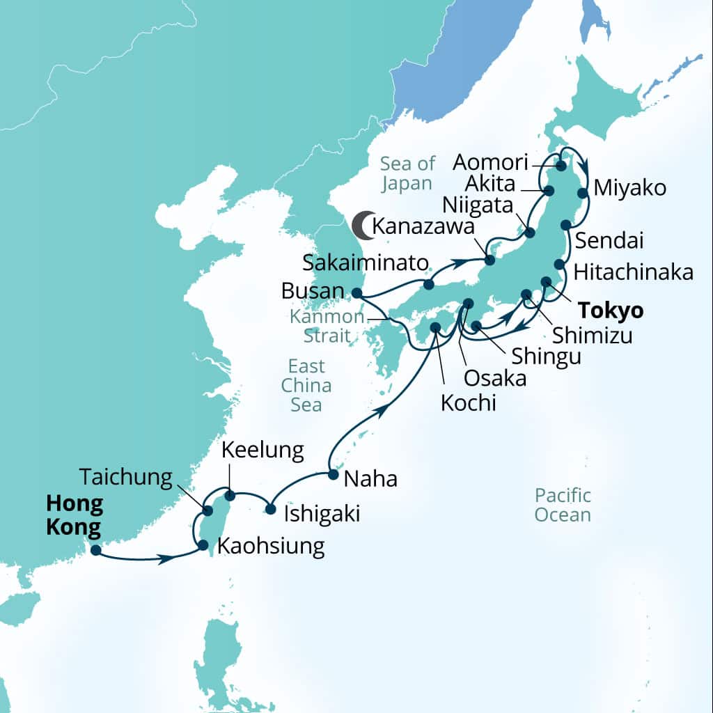 Seabourn Encore 26-day Hong Kong, China to Tokyo, Japan itinerary map, February 12-March 10 2029
