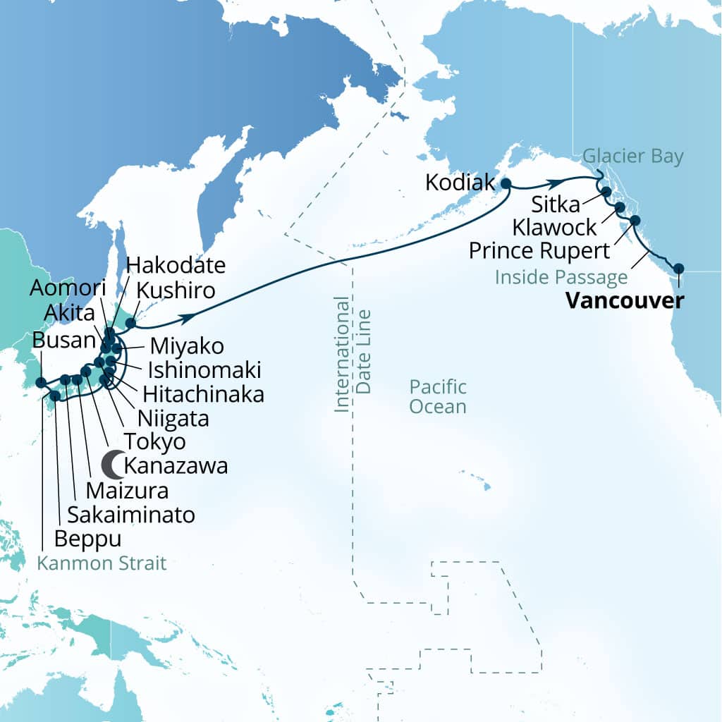 Seabourn Encore 35-day Tokyo, Japan to Vancouver, B.C., CA itinerary map, April 7-May 11 2029