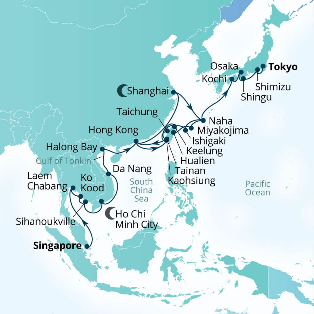 Seabourn Encore 38-day Singapore to Tokyo, Japan itinerary map, January 17-February 24 2029