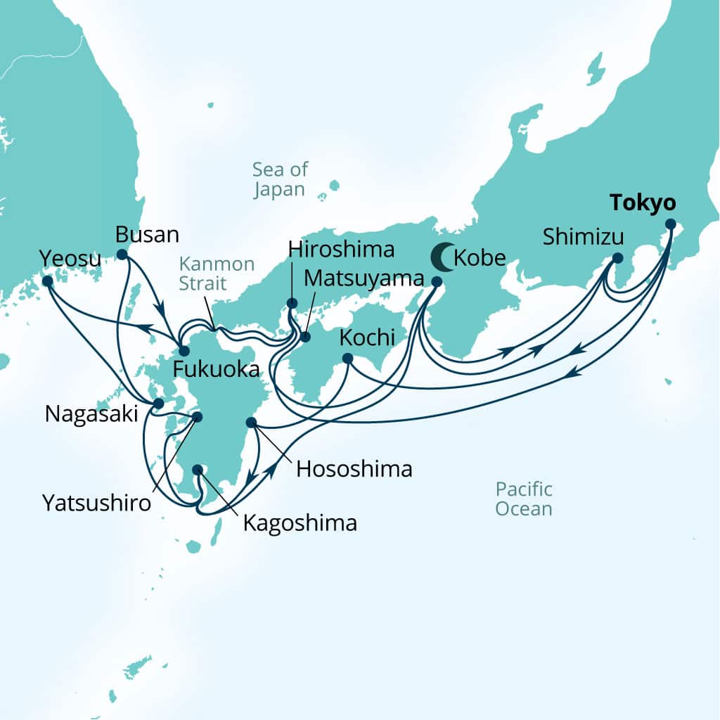 Seabourn Encore 28-day Tokyo, Japan to Tokyo, Japan itinerary map, March 10-April 7 2029