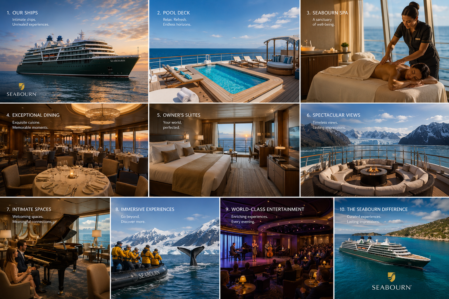 Seabourn luxury cruise ships, pool deck, spa, dining, suites, expeditions, entertainment, and ocean views with Deluxe Cruises